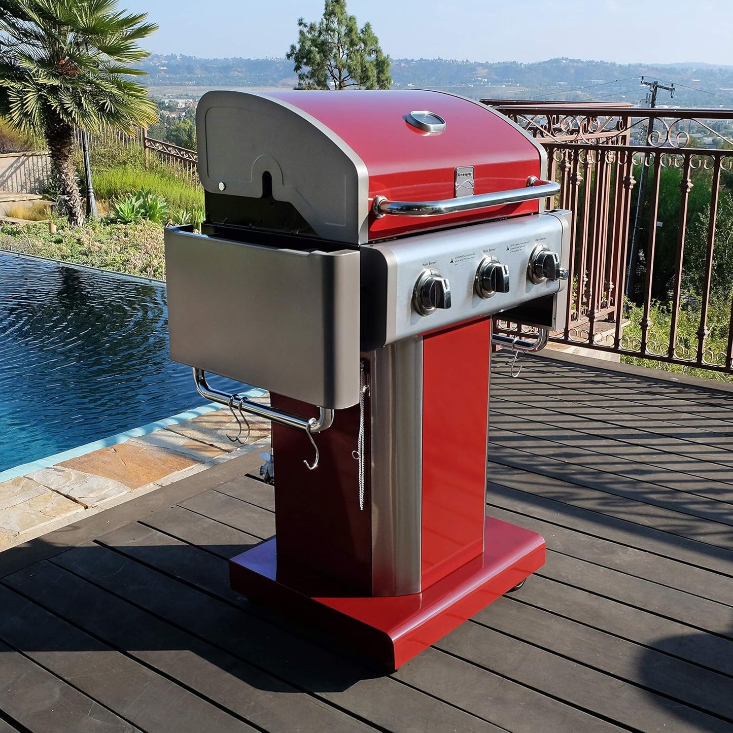 Kenmore 3-Burner Outdoor BBQ Grill | Liquid Propane Barbecue Gas Grill with Folding Sides, PG-A4030400LD-RD, Pedestal Grill with Wheels, 30000 BTU, Red