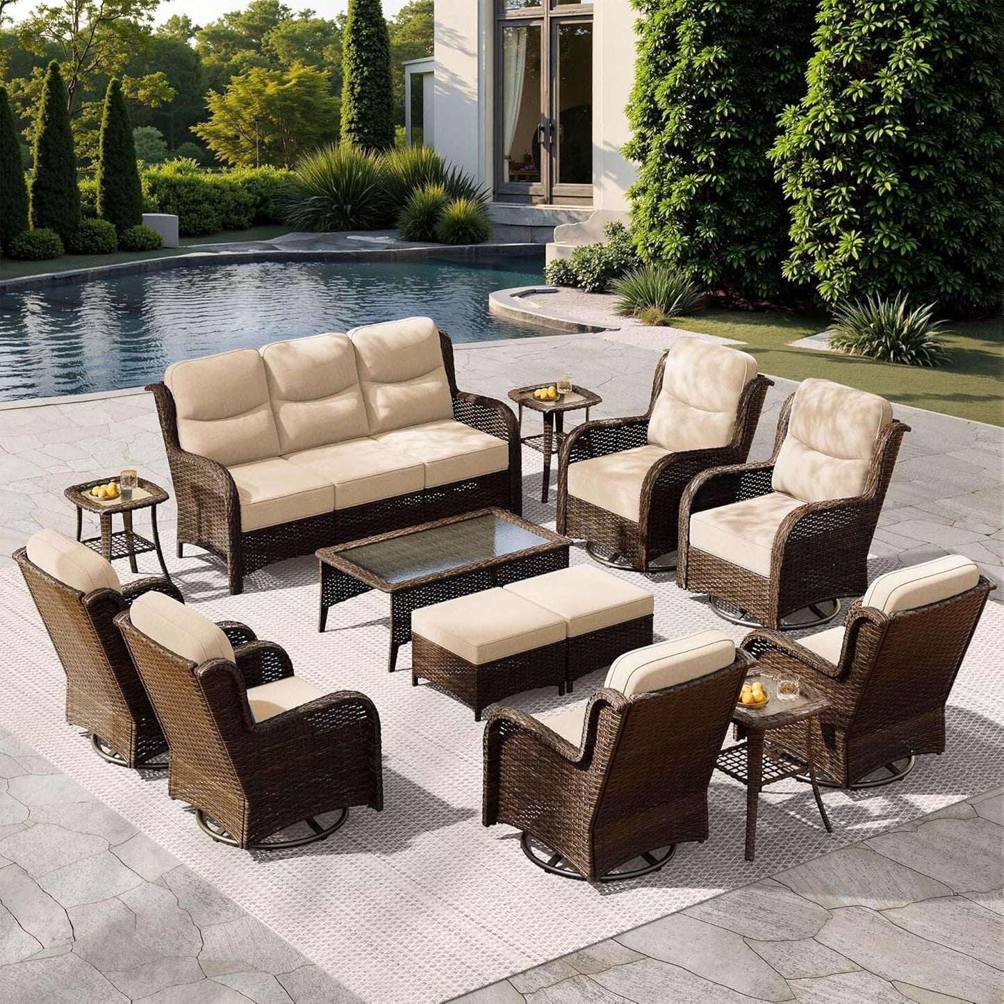 HILLGA Luxury Patio Furniture Set with 6-Inch Thick Cushions, High Back Outdoor Swivel Rocker Chairs and Patio Couch, 13-Piece All Weather Conversation Set for Porch Deck Pool Yard, Beige (V3)