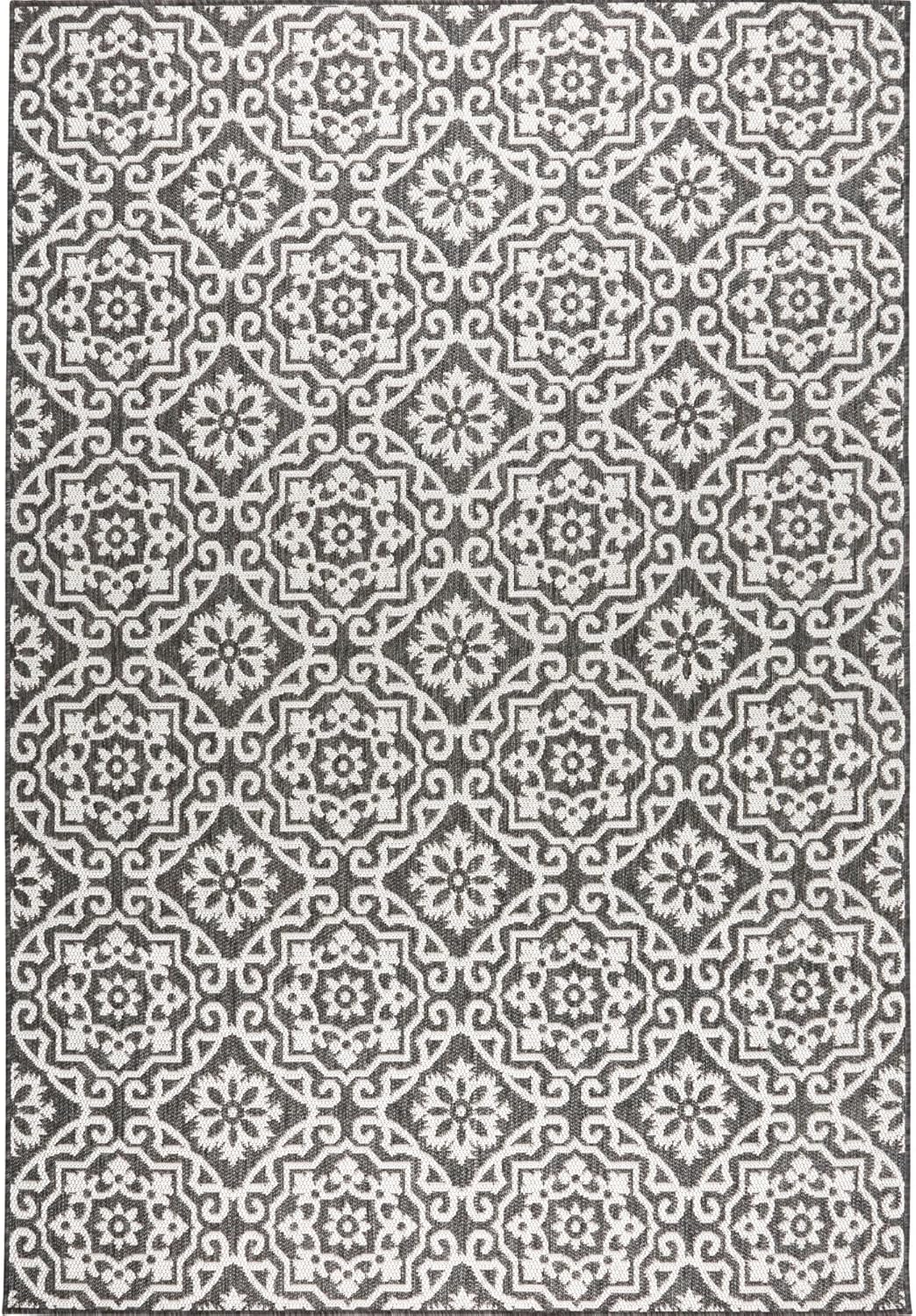 Nicole Miller New York Patio Country Julia Transitional Geometric Indoor/Outdoor Area Rug, Black/Grey, 5'2"x7'2"
