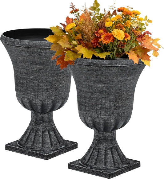 22" Large Urn Planters (Set of 2), Handmade Washed Black Plastic Flower Pots, Weatherproof for Porch, Garden, Patio or Home Décor