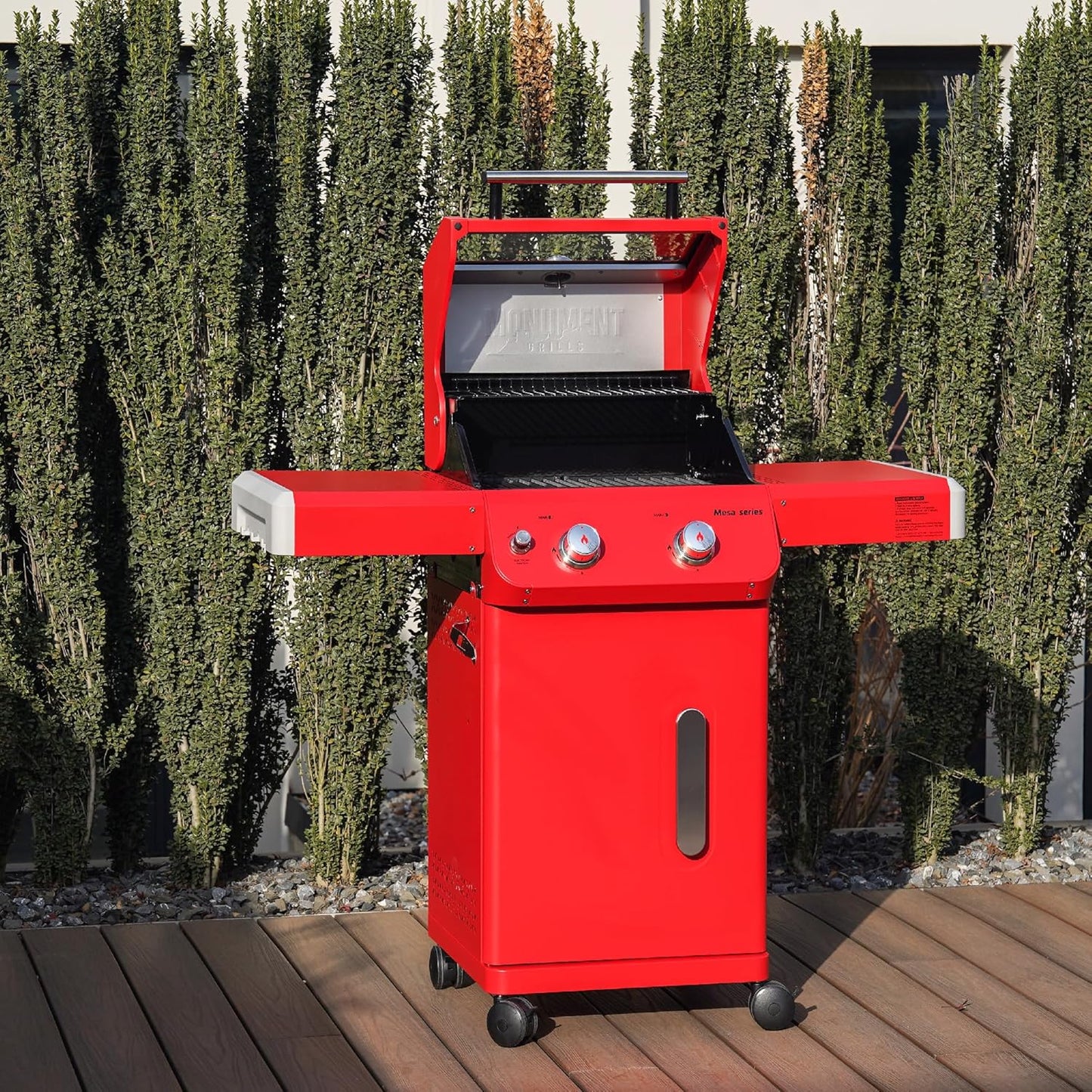 Monument Grills 2-Burner Stainless Steel Liquid Propane Gas Patio Garden Barbecue Grill with Clearview® Lid, Knob Control and Two Foldable Shelves Mesa200R with BBQ Cover, Red