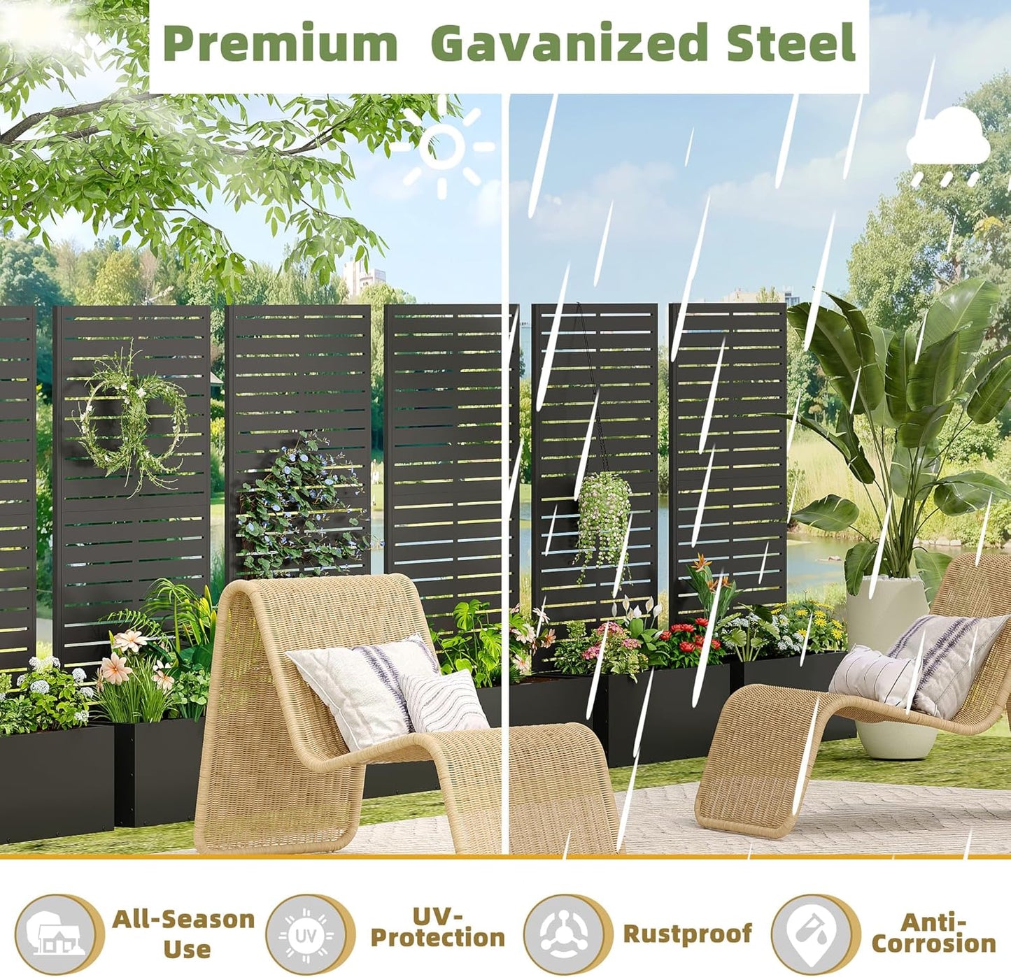 Casaphoria Metal Raised Garden Bed, 47"x24"x12" Planter Box for Climbing Plants, Vegetables & Vines, Features Drainage Holes and Privacy Screen (Black-Louvered)