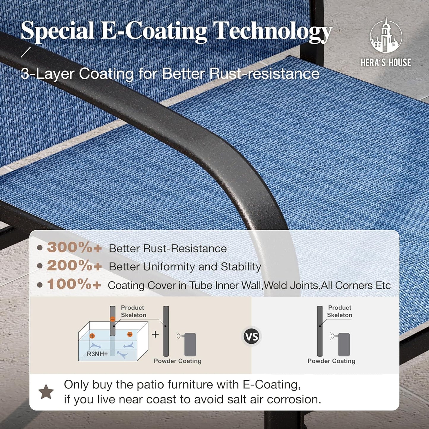 HERA'S HOUSE 9 Pieces Patio Dining Sets, 8 x Blue Textilene Dining Chair, 60" Square Metal Dining Table with 1.57" Umbrella Hole, Outdoor Table and Chairs Set for Lawn Garden Backyard Deck