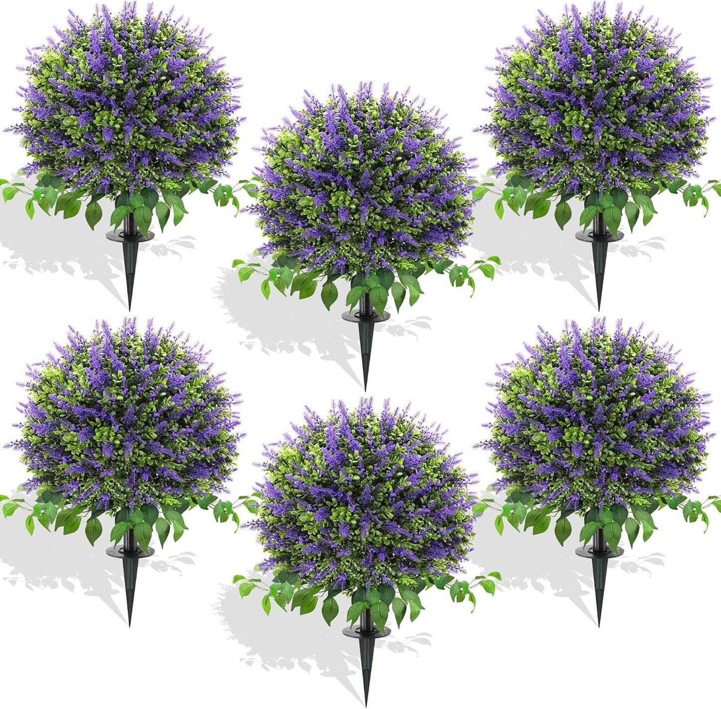 28" Artificial Boxwood Topiary Ball with Lavender, UV Resistant Topiary Tree Faux Boxwood Ball Shaped Porch Bushes with Ground Spike Artificial Bushes for Outdoors Front Door Decor Home Garden