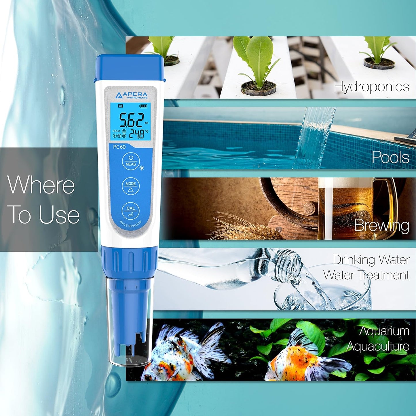 Apera InstrumentsAPERA Instruments AI316 Premium Series PC60 5-in-1 Waterproof pH/EC (Conductivity) & AI1113 pH Calibration Buffer Solution Kit (7.00, 4.00), 8 oz.