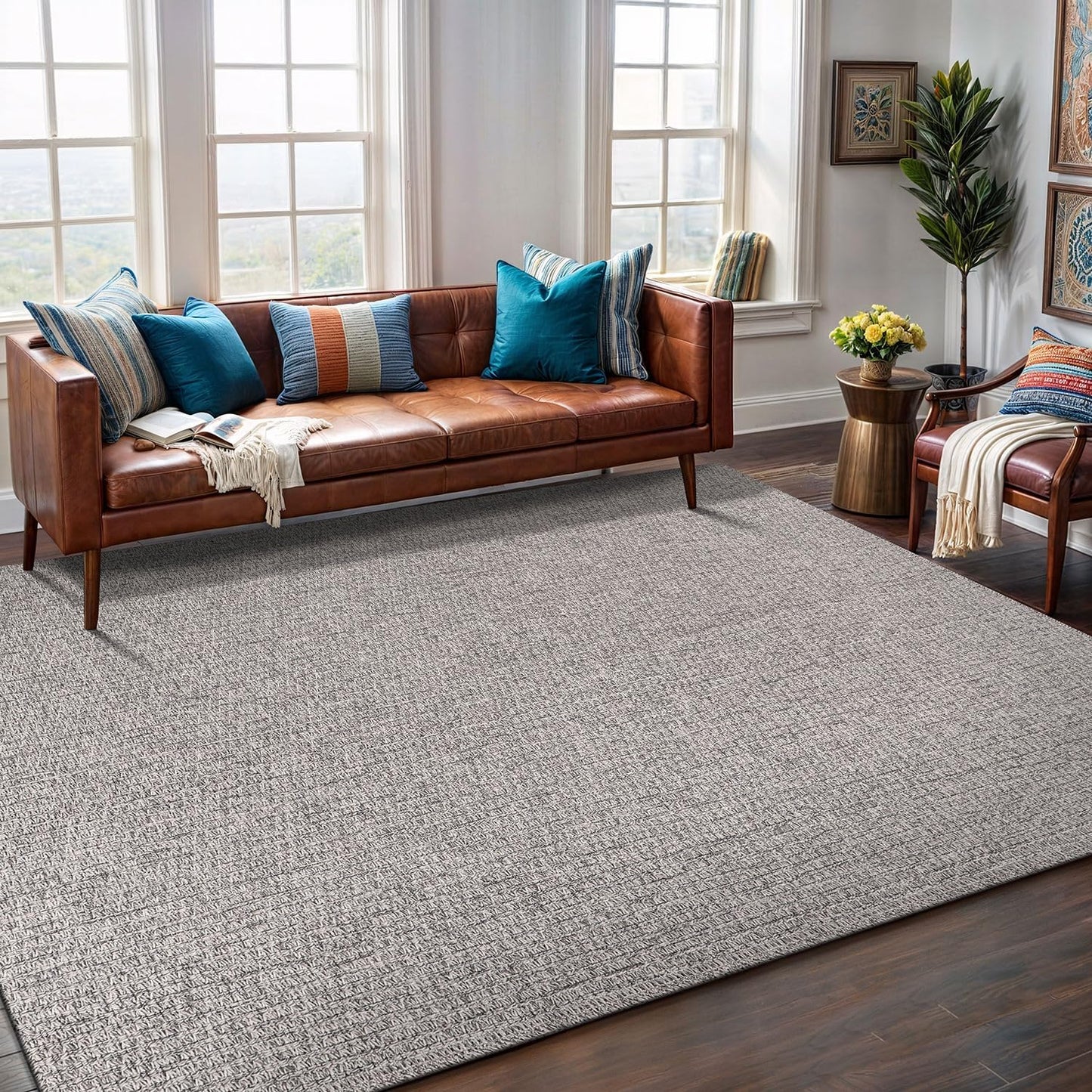 Easy Jute Rug 5x7 Indoor Outdoor Natural Rugs Solid Fiber Rug Woven Area Rug Boho Easy Clean Inside Carpet for Living Room Bedroom Dining Room Hallway or Outdoor Patio Porch (5 X 7 Silver)