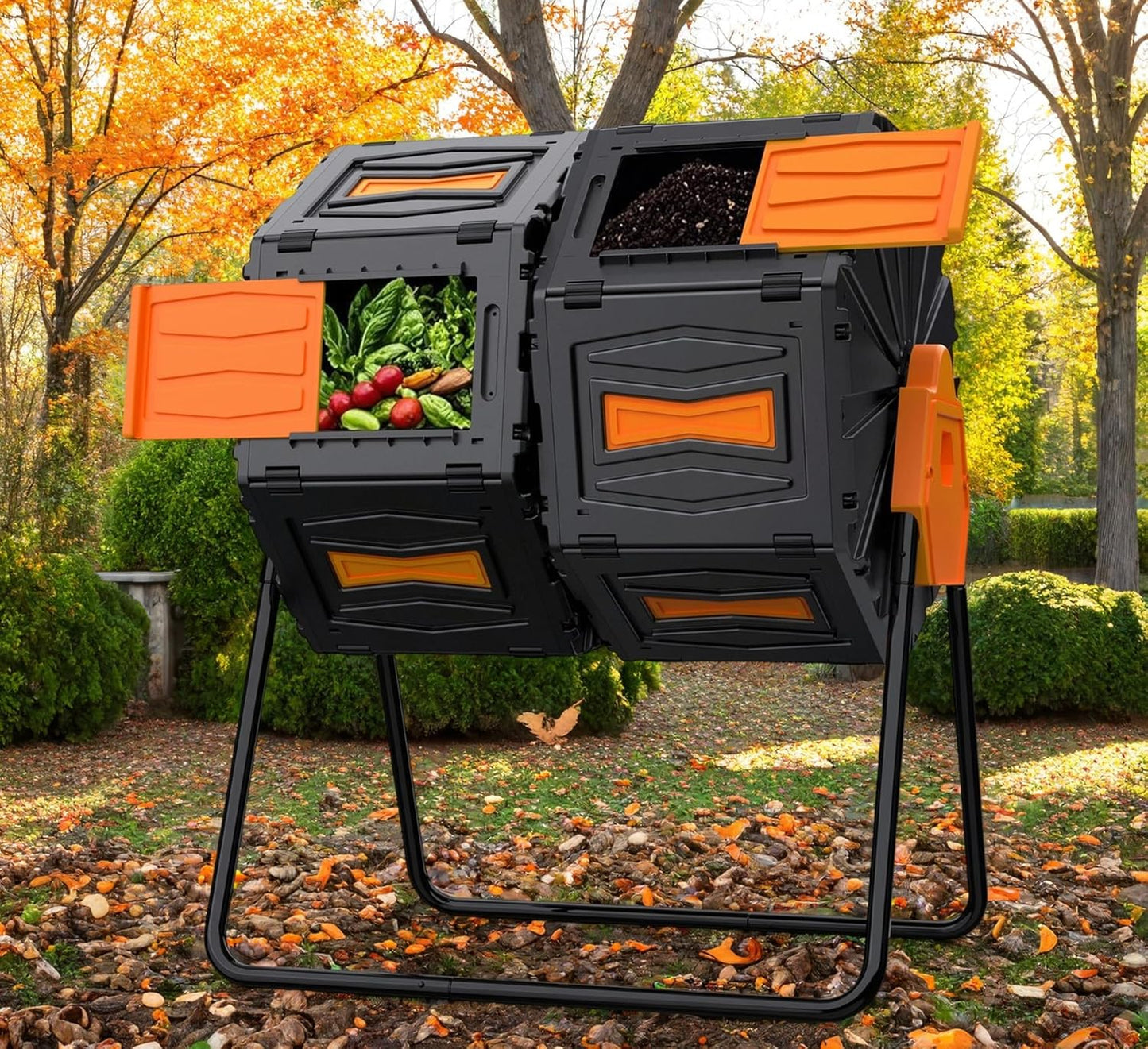 Compost Bin, 45 Gallon Dual Chamber Composter Tumbler, 360 Rotating Compost Bin Outdoor BPA-Free Fast-Working Tumbling Compost Barrel, Large Composting Bin Kitchen Garden Compost Tumbler