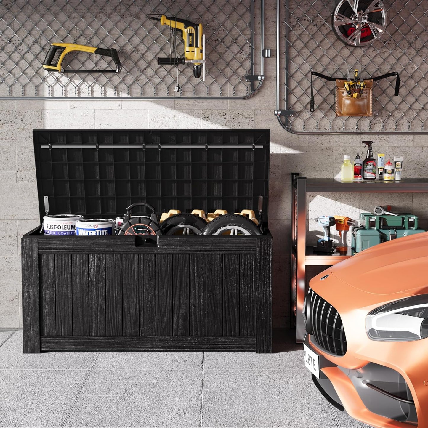 Greesum 120 Gallon Outdoor Storage Box with Lock - Large Resin Deck Box, Reinforced Lid for Garden, Patio, Lawn, Black