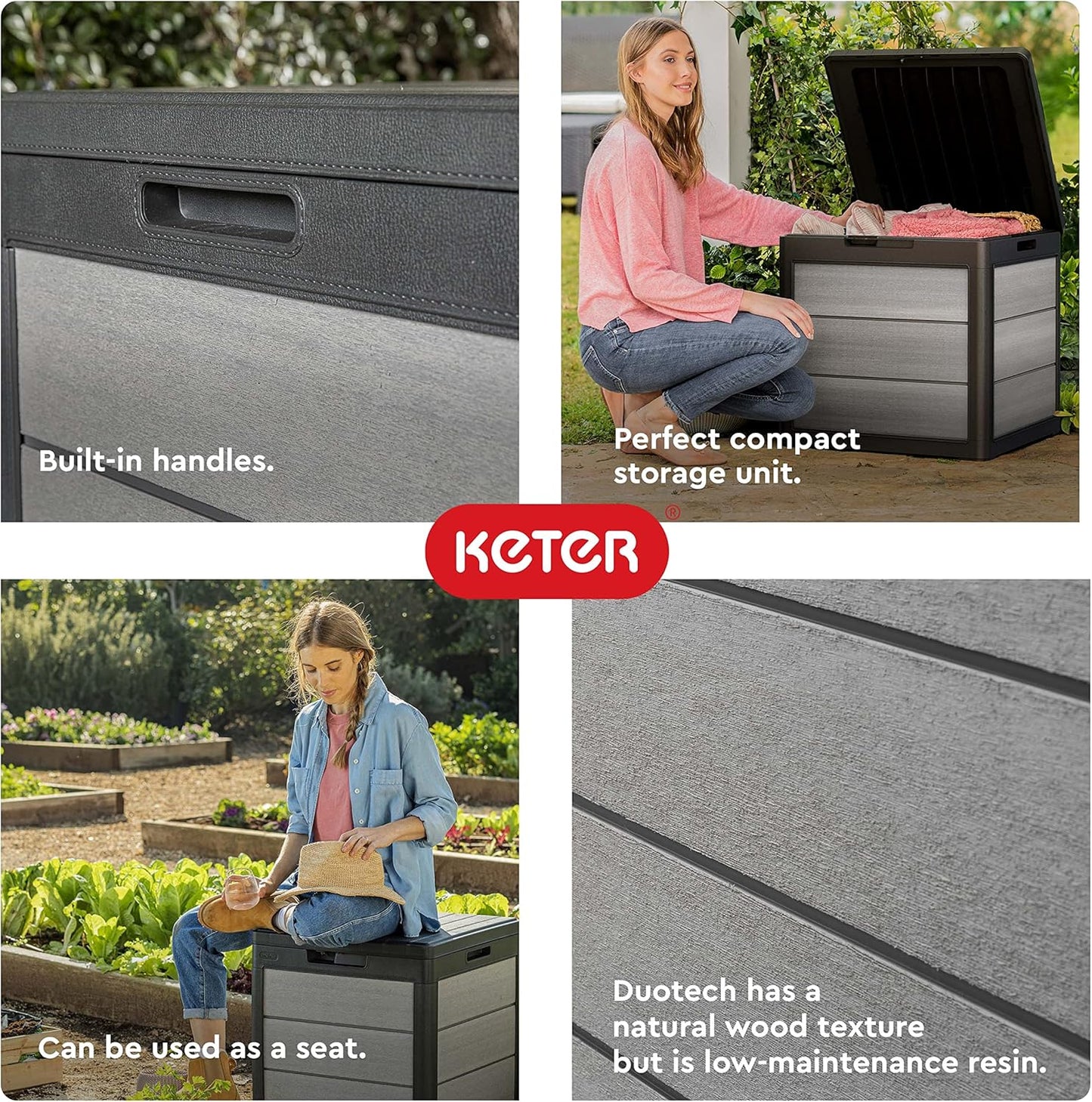 Keter Denali 30 Gallon Resin Outdoor Storage Box and Patio Furniture Side Table for Pool and Garden Accessories, Grey & Black