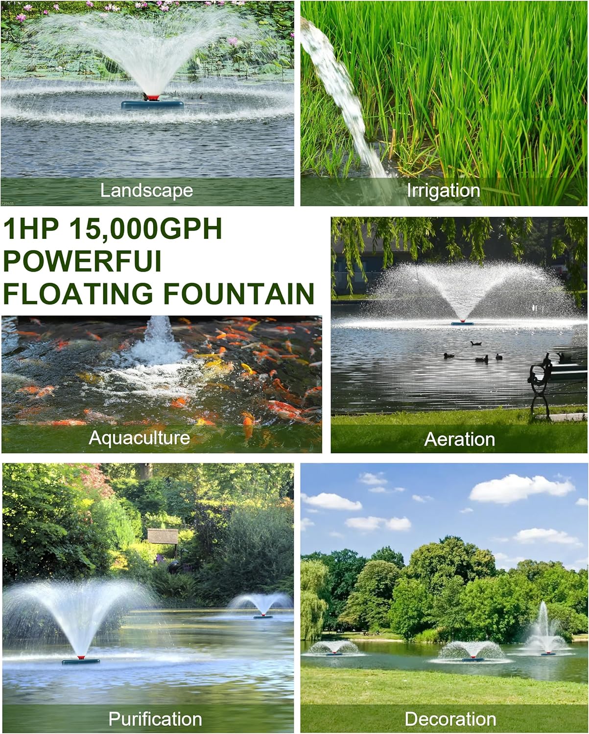 Pond Fountain Aerator 1HP, AS2 750W 15000GPH 110V/120V High Flow Floating Water Fountain Pump With 100ft Power Cord, Stainless Steel Body Aerating Fountains Cascade for Large Small Pond/Lake