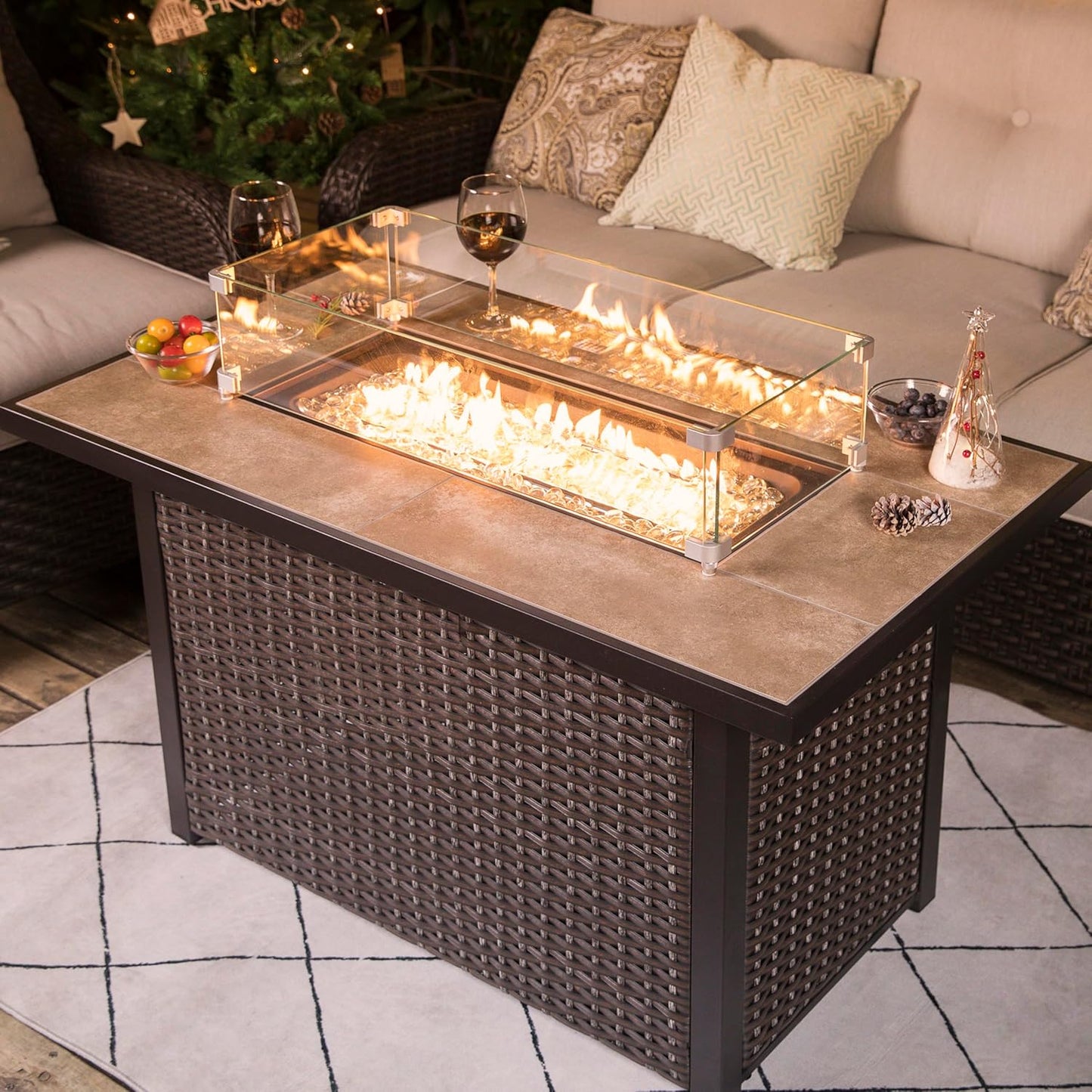 Nuu Garden Propane Fire Pit Table, CSA Certified 43 Inch 50,000 BTU Outdoor Propane Gas Fire Pit Table, Propnae Fire Pit with Ceramic Tabletop, Oxford Cover, 7 lbs Glass Stone, Dark Brown and Coffee