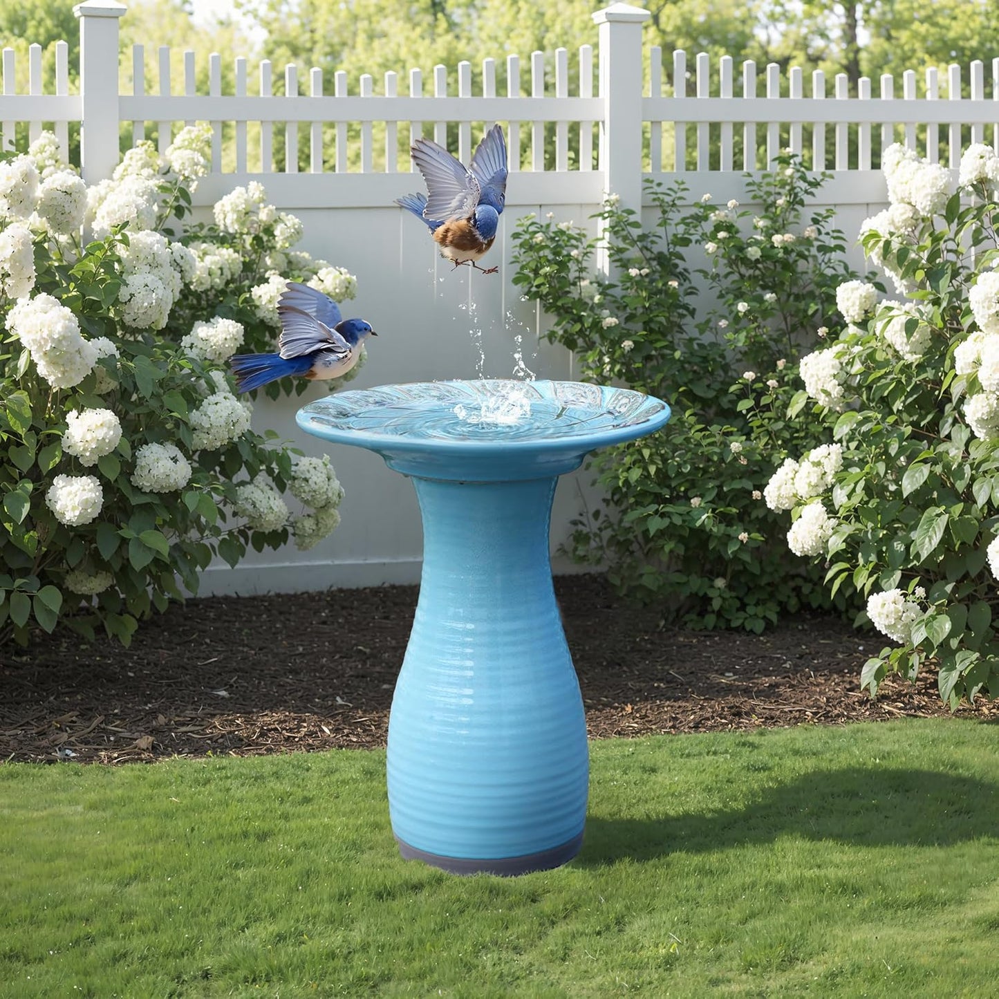 LuxenHome 20 Inch Ceramic Bird Bath for Outside, Elegant Tall Outdoor Bird Bath, Lightweight Pedestal Glazed Birdbaths for Outdoors with Leaf Pattern, Sky Blue