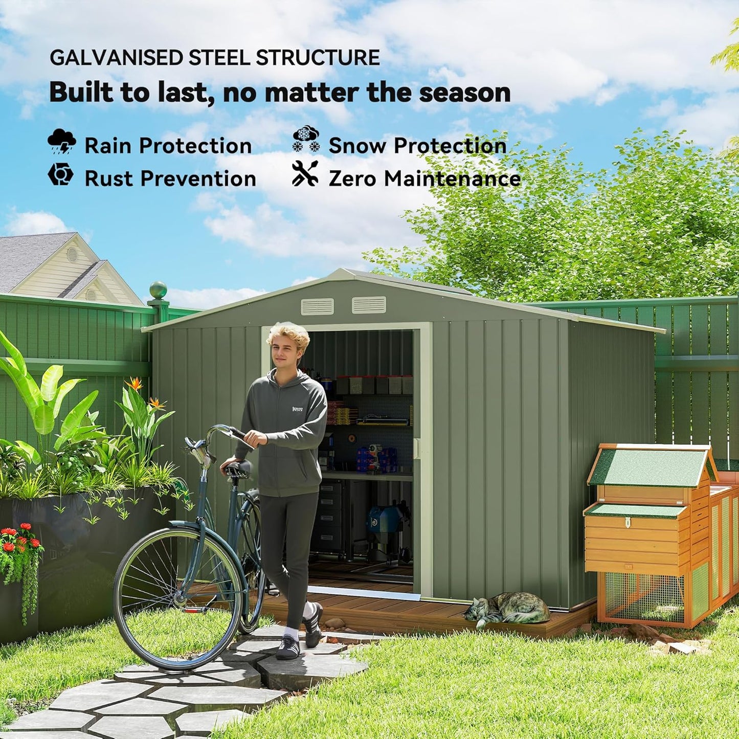 Outsunny 9' x 6' Outdoor Storage Shed, Garden Tool Metal Shed with Foundation Kit, Double Lockable Door, Air Vents and Sloping Roof, for Backyard, Patio, Lawn, Green