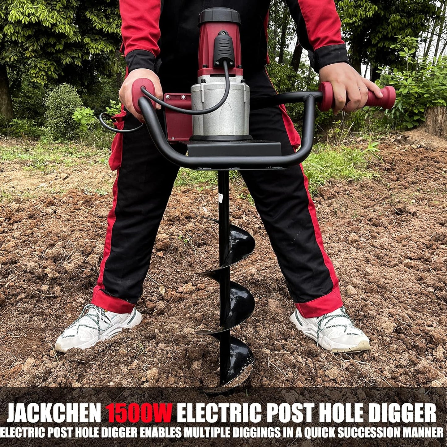 JACKCHEN 1500W Electric Post-Hole Digger with 6-Inch Auger Bit, Earth Auger Drill, Auger Bit Earth Auger, Ideal for Post Hole Digging, Drilling, Tree Planting, Red