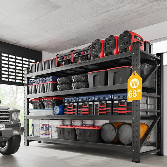 8000LBS Metal Steel Storage Shelves - 68" W Black 4 Tier Heavy Duty Rack Commercial Industrial Shelving with Adjustable Shelf for Basement Garage Warehouse - 68" W x 24" D x 63.4" H