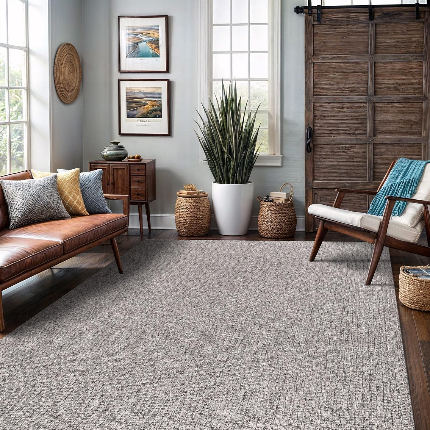 Easy Jute Rug 9x12 Indoor Outdoor Natural Rugs Solid Fiber Rug Woven Area Rug Boho Easy Clean Inside Carpet for Living Room Bedroom Dining Room Hallway or Outdoor Patio Porch (9 X 12 Silver)