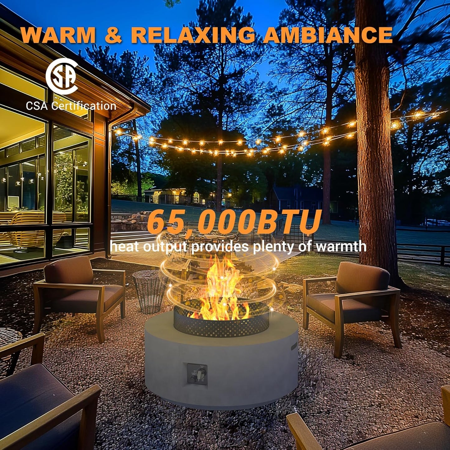 32 Inch Fire Pit Table, 3-Piece Outdoor Propane Fire Pit Table 65,000 BTU Round Gas Firepit, Wind Guard, 16 inches Tank Side Table and Baking Sheet for Garden, Patio, Grey