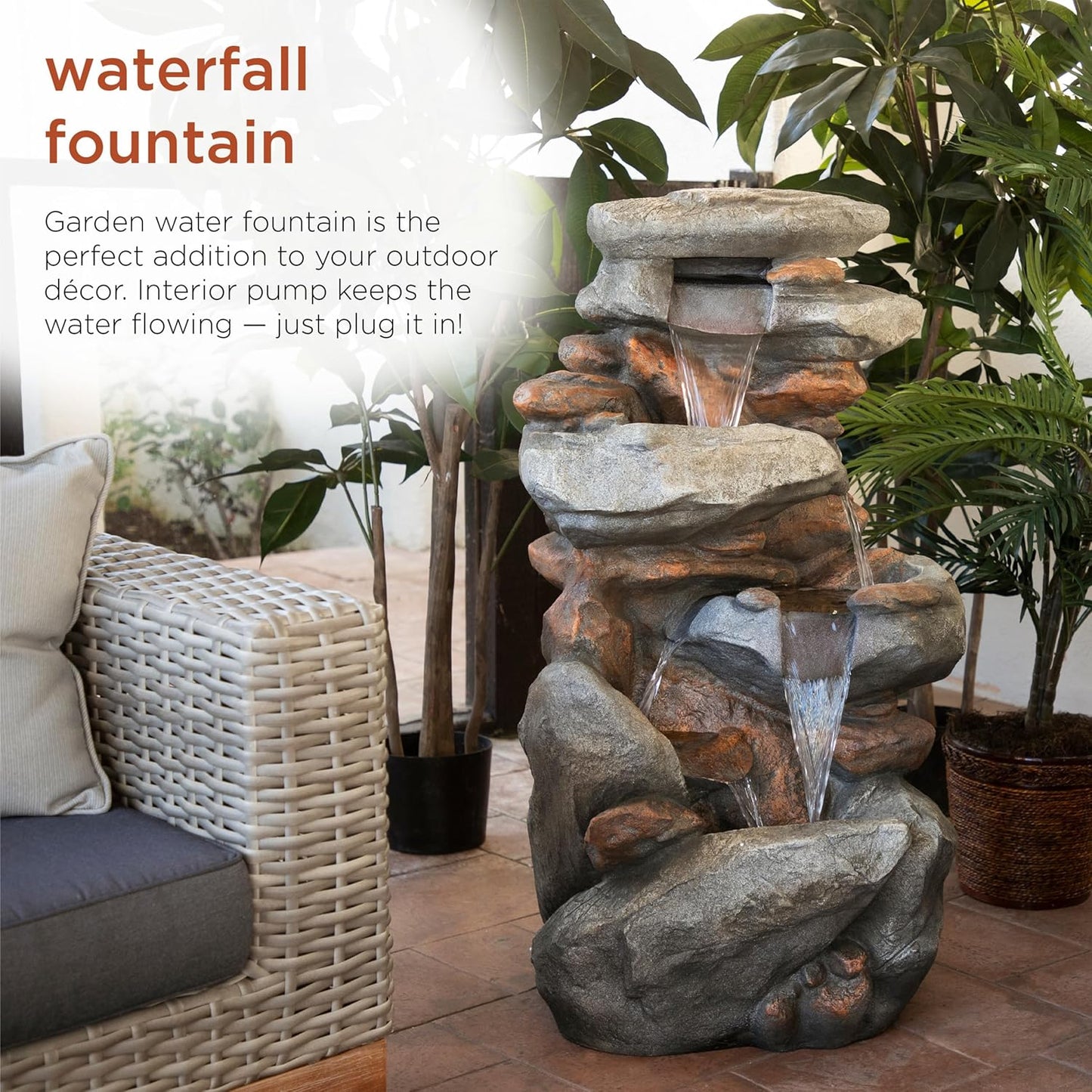 Alpine Corporation WIN316 40" Floor Fountain – 4-Tiered Rock Water Feature with Cascading Streams & White LED Lights – Tranquil Outdoor Décor for Garden, Patio, Yard, Deck, or Porch, Light Gray
