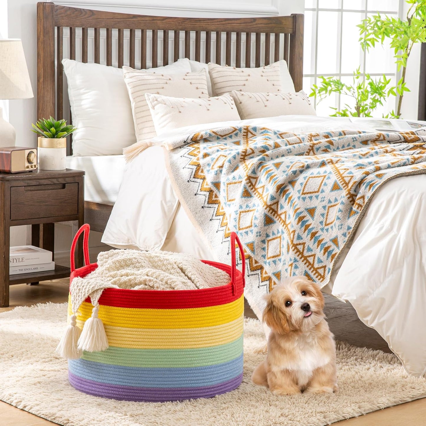 KAKAMAY Large Blanket Basket (20"x13"),Woven Baskets for storage Baby Laundry Hamper, Cotton Rope Blanket Basket for Living Room, Laundry, Nursery, Pillows, Baby Toy chest (Rainbow)