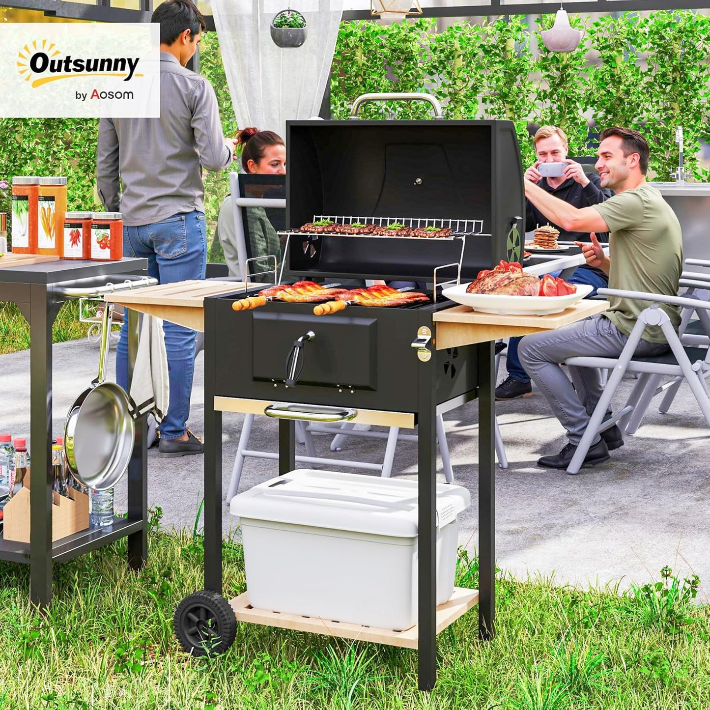 Outsunny Charcoal BBQ Grill with 245 sq. in. Cooking Area, Outdoor Barbecue Grill with Adjustable Charcoal Pan, 3 Shelves, Thermometer, Wheels for Patio, Backyard, Party, Picnic, Black