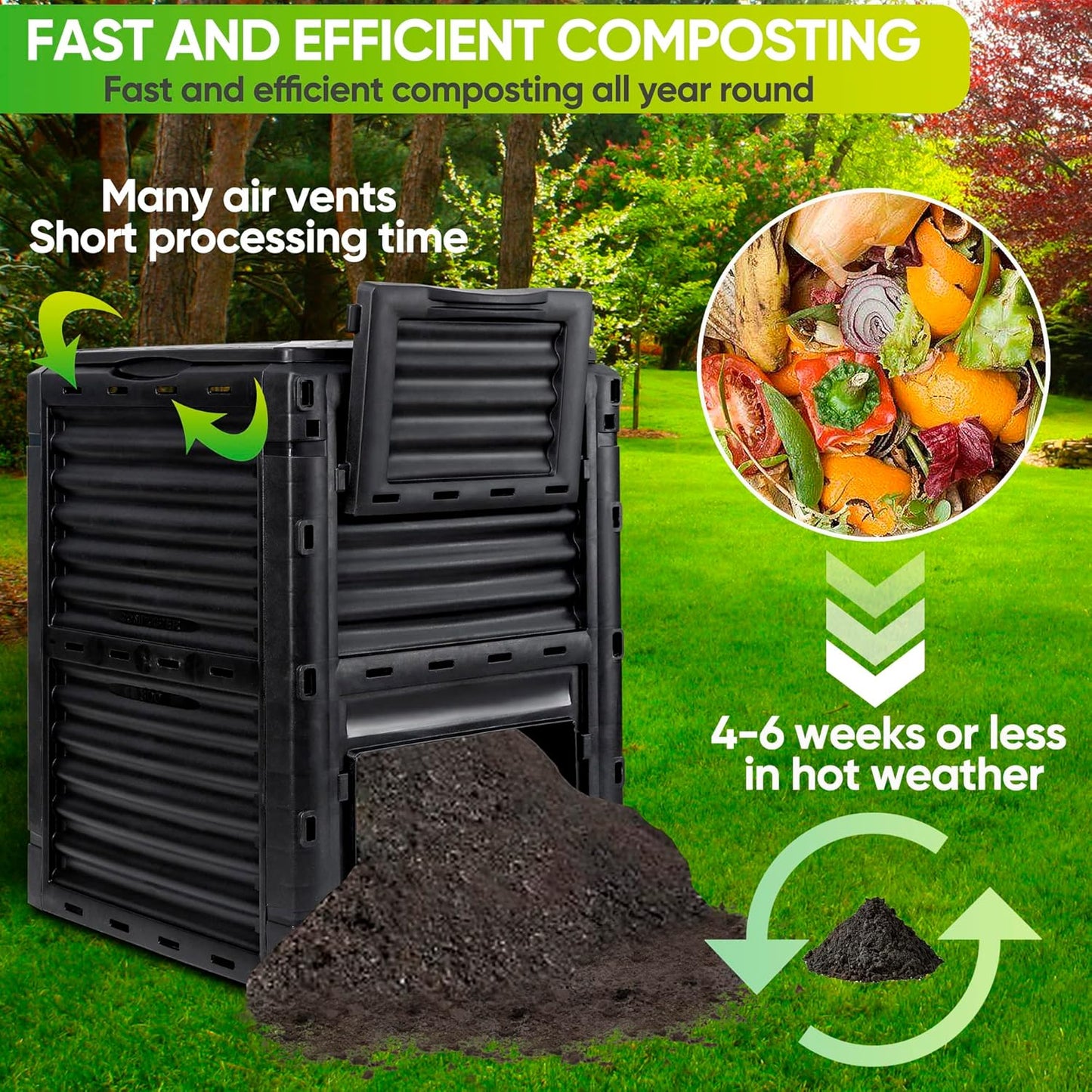F2C Garden Compost Bin from BPA Free Material -80 Gallon(300 L) Large Compost Bin Aerating Outdoor Compost Box Easy Assembling, Lightweight, Fast Creation of Fertile Soil, Black