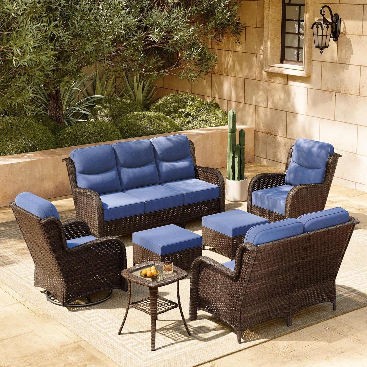 HILLGA Luxury Patio Furniture Set with 6-inch Thick Cushion, Outdoor Couch, Loveseat and High Back Swivel Rocker Patio Chairs, 7PCS Wicker Conversation Set for Deck Yard and Poolside, Blue (V2)