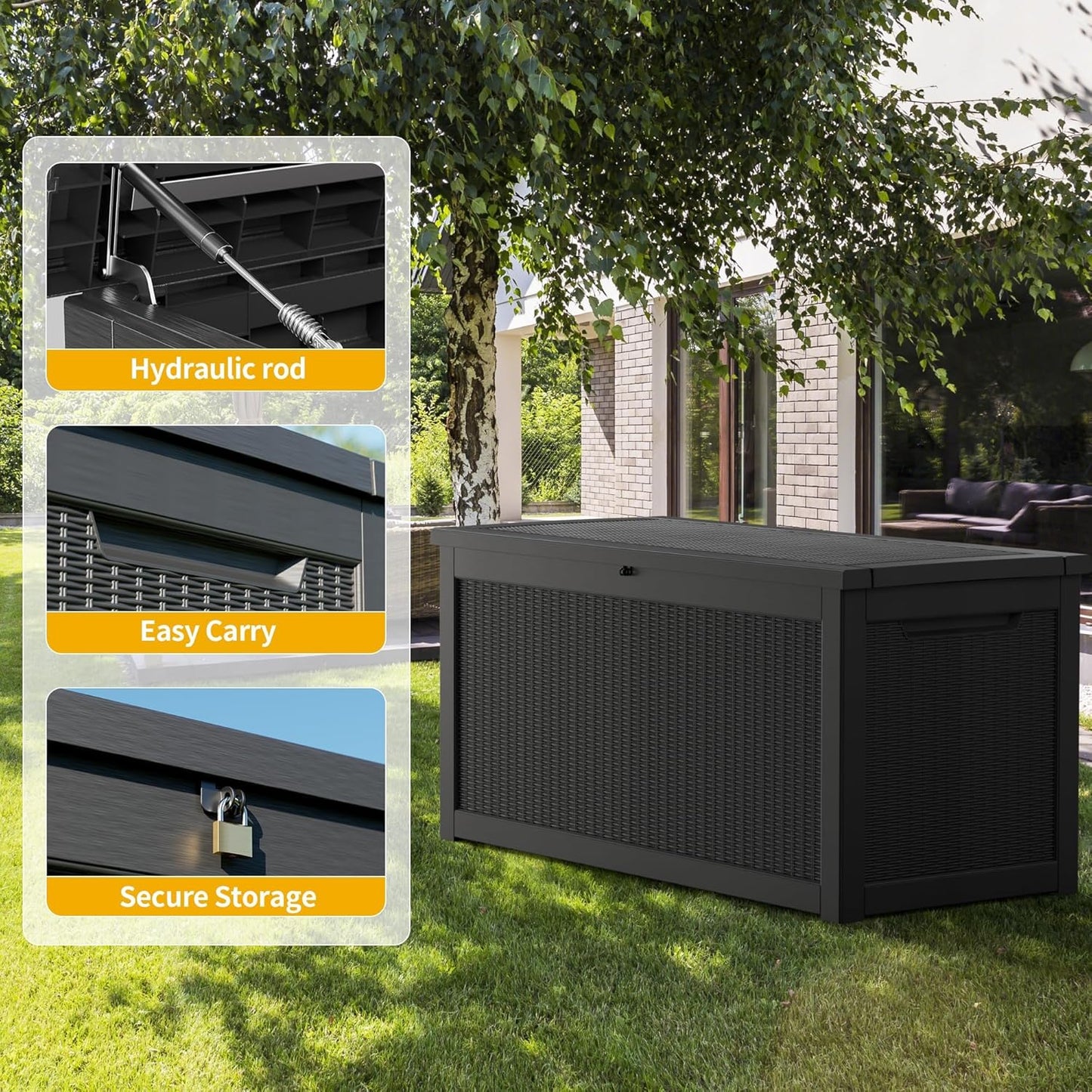 Extra-Large 320 Gallon Outdoor Storage Bin - Waterproof Resin Deck Box for Pool, Patio & Garden, Lockable Outdoor Deck Box for Cushions & Tools, UV-Resistant, Jet Black