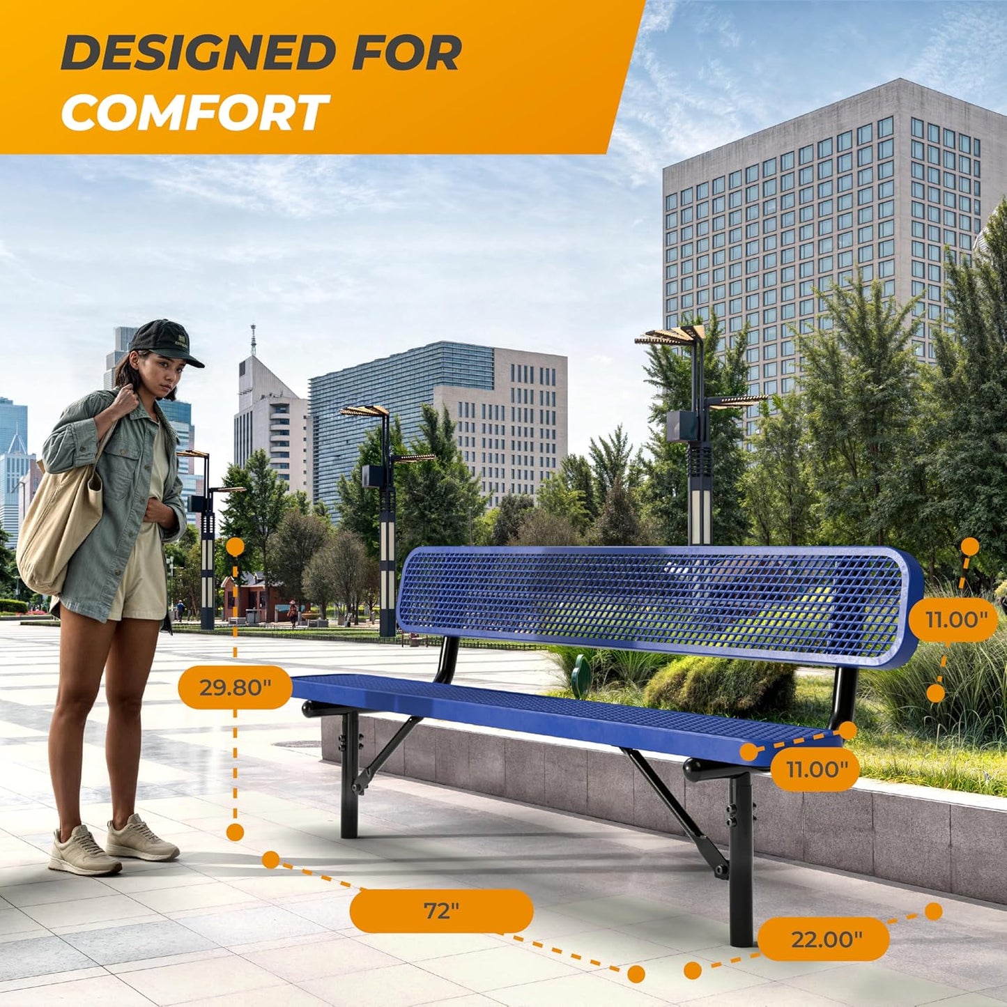 Heavy-Duty Outdoor Metal Bench, Thermoplastic-Coated, Inground, Weatherproof, Commercial-Grade for Parks, Gardens, Patios, Stores & More (6 Ft - Inground with Back, Blue)