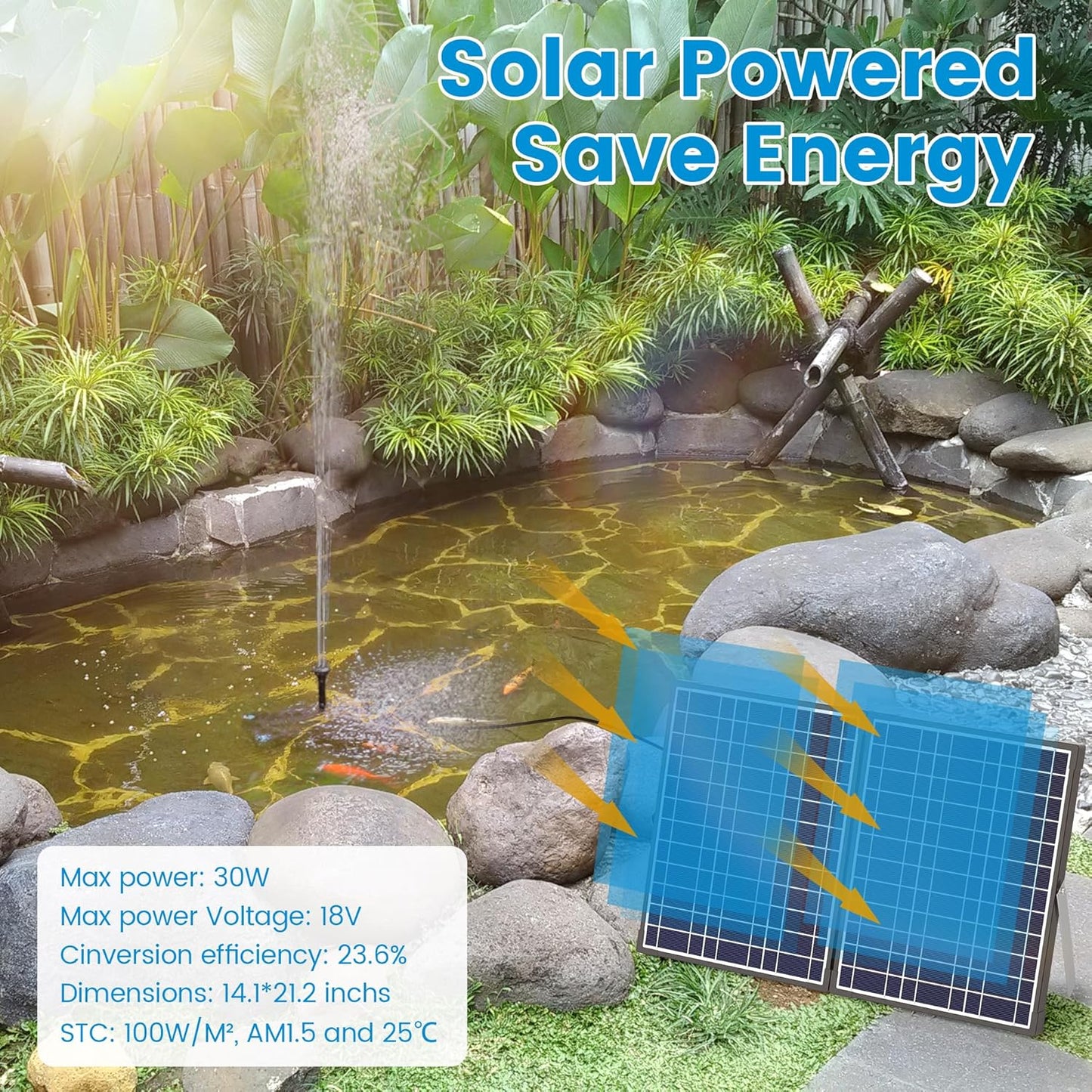 NFESOLAR Solar Pond Filter Pump Kit for Outdoor Pond, 30W Solar Water Fountain with 200 GPH Submersible Pump, 4 Sprayers, 16.4ft Cable, 6.6ft Tubing for Koi Pond, Fish Tank and Garden Water Features