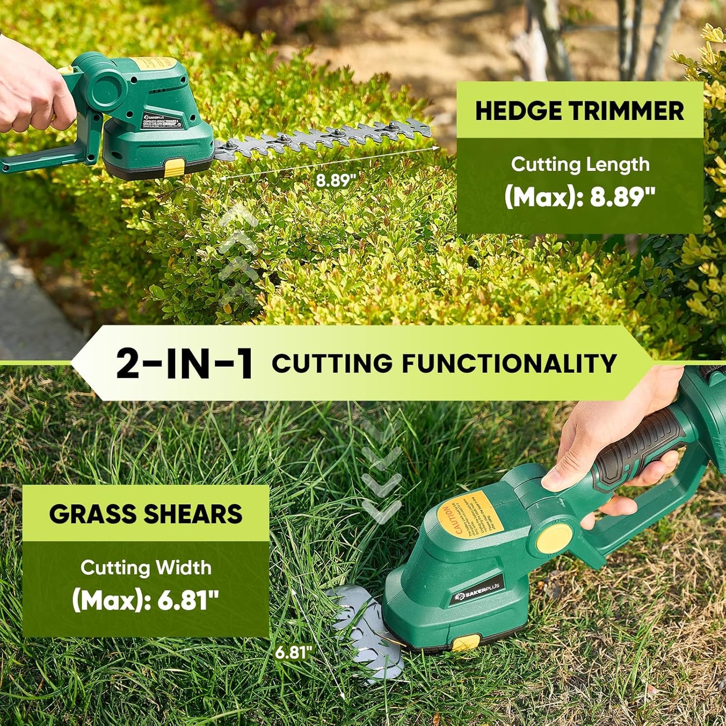 Cordless Hedge Trimmer, 2-in-1 Electric Bush Trimmer and Handheld Grass Cutter, 22V Lightweight Mini Shrub Trimmer Grass Clippers with 1 Battery and Charger, Perfect Gardening Yard Tools