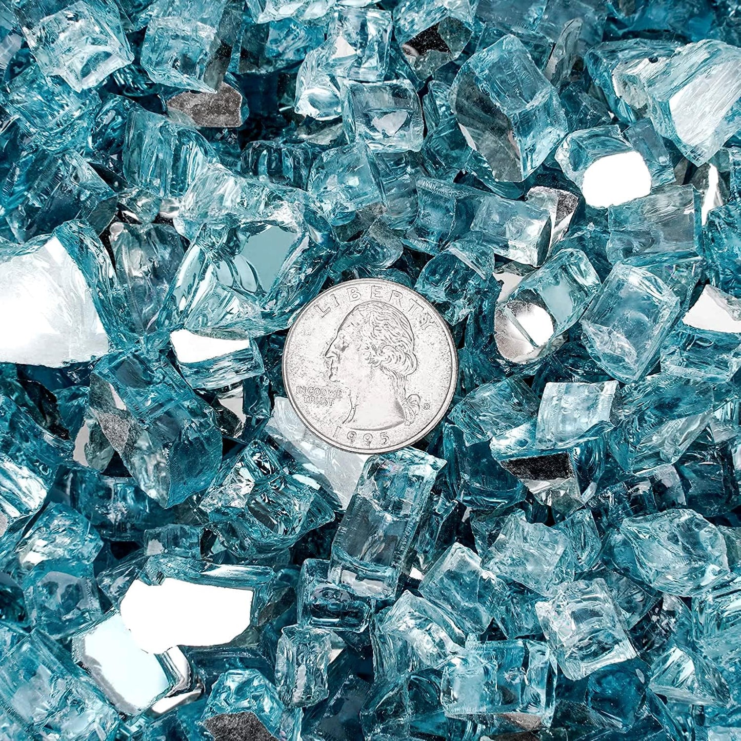 Mr. Fireglass Reflective Fire Glass for Fireplace Fire Pit and Landscaping, 10 Pounds 1/2 inch High Luster Aqua Blue Fire Rocks for Outdoor and Indoor Use