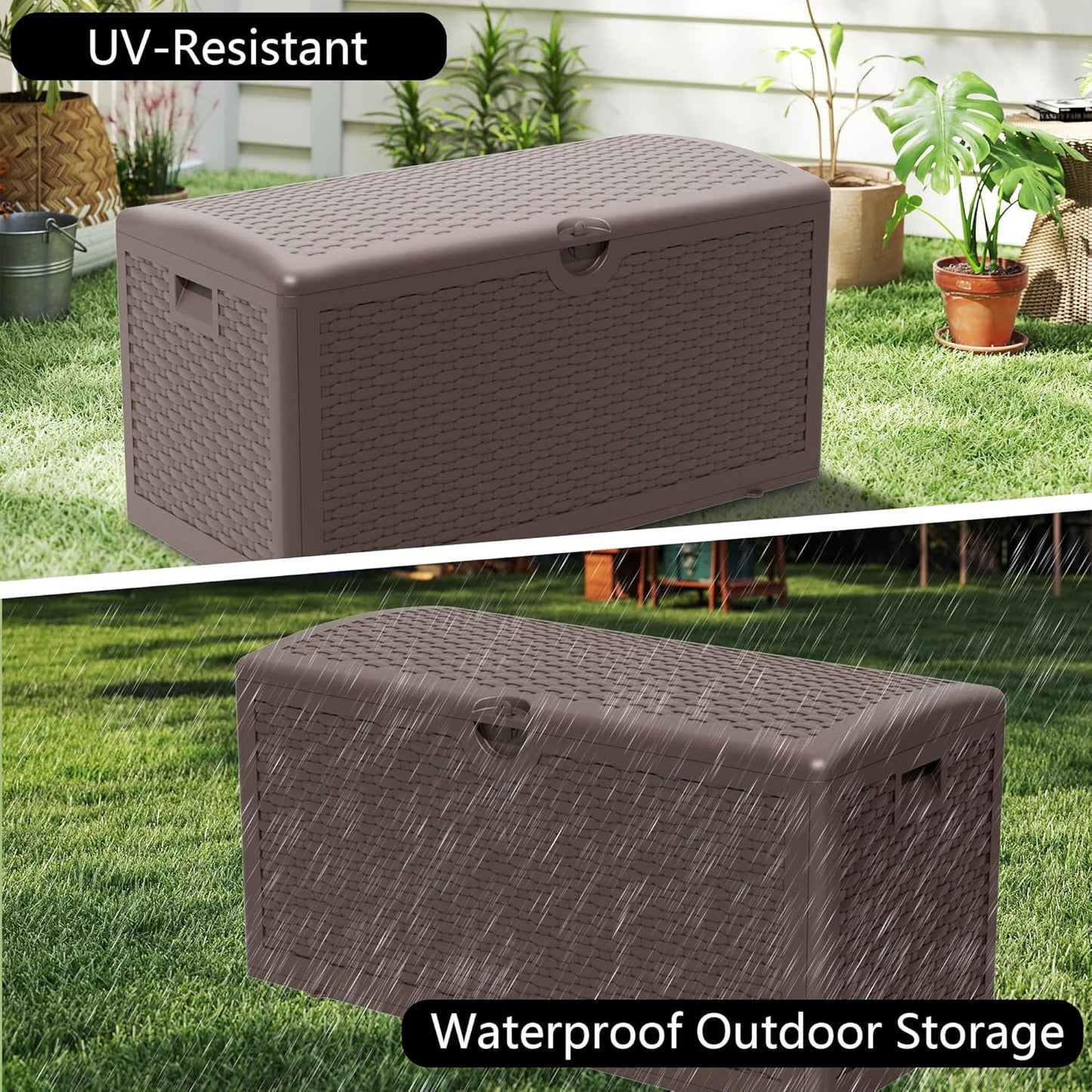 80 Gallon Pro Outdoor Storage Box Waterproof Lockable Resin Deck Box Large, Patio Storage Bin for Pool Accessories Cushion Furniture, Garden Tools, UV-Resistant Outside Delivery Brown