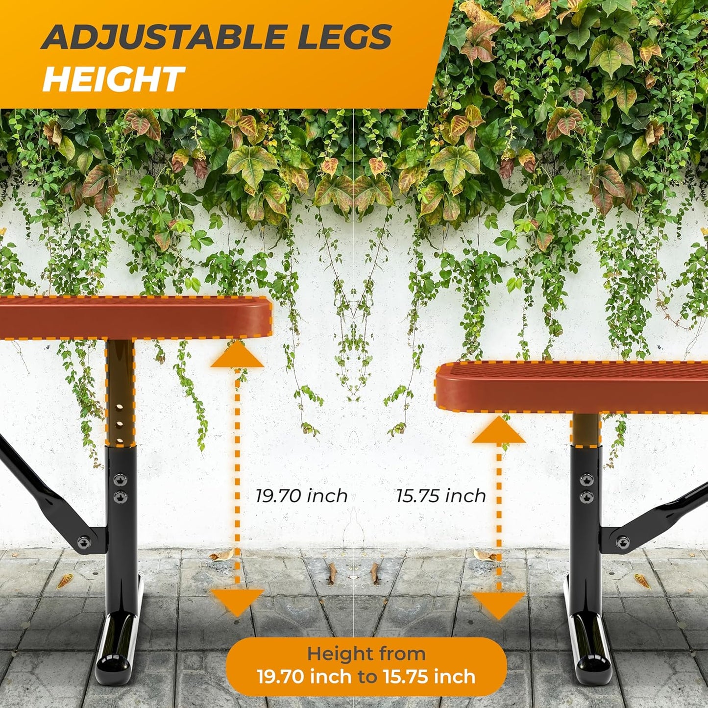 Heavy-Duty Outdoor Metal Bench, Thermoplastic-Coated, Portable, Weatherproof, Commercial-Grade for Parks, Gardens, Patios, Stores & More (6 Ft - Portable, Red)