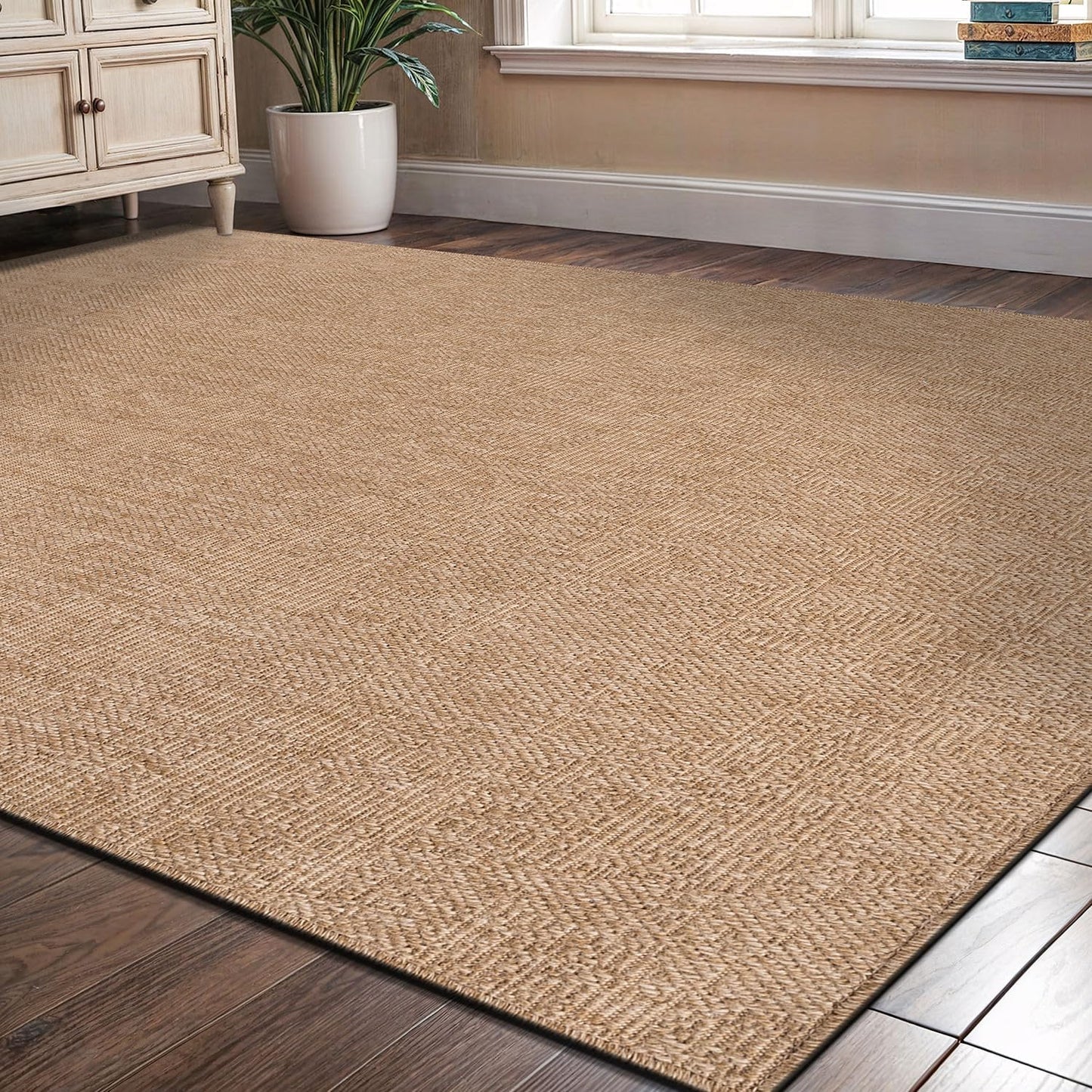 Washable Easy Jute Rug 5x7, Indoor Outdoor Rugs Natural Color Farmhouse Area Rugs for Living Room, Kitchen Rug High Traffic Area, Easy to Clean Solid Boho Woven Design Outside Carpet (5 X 7 Natural)