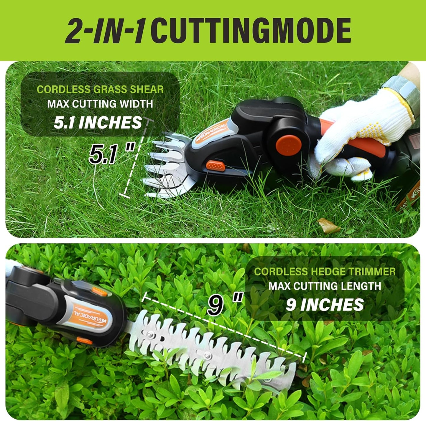 21V Cordless Hedge Trimmer & Grass Shear with 2 PCS Battery - 2 in 1 Handheld Electric Hedge Shears/Grass Cutter, Shrub Trimmer Bush Trimmer, Battery and Charger Included