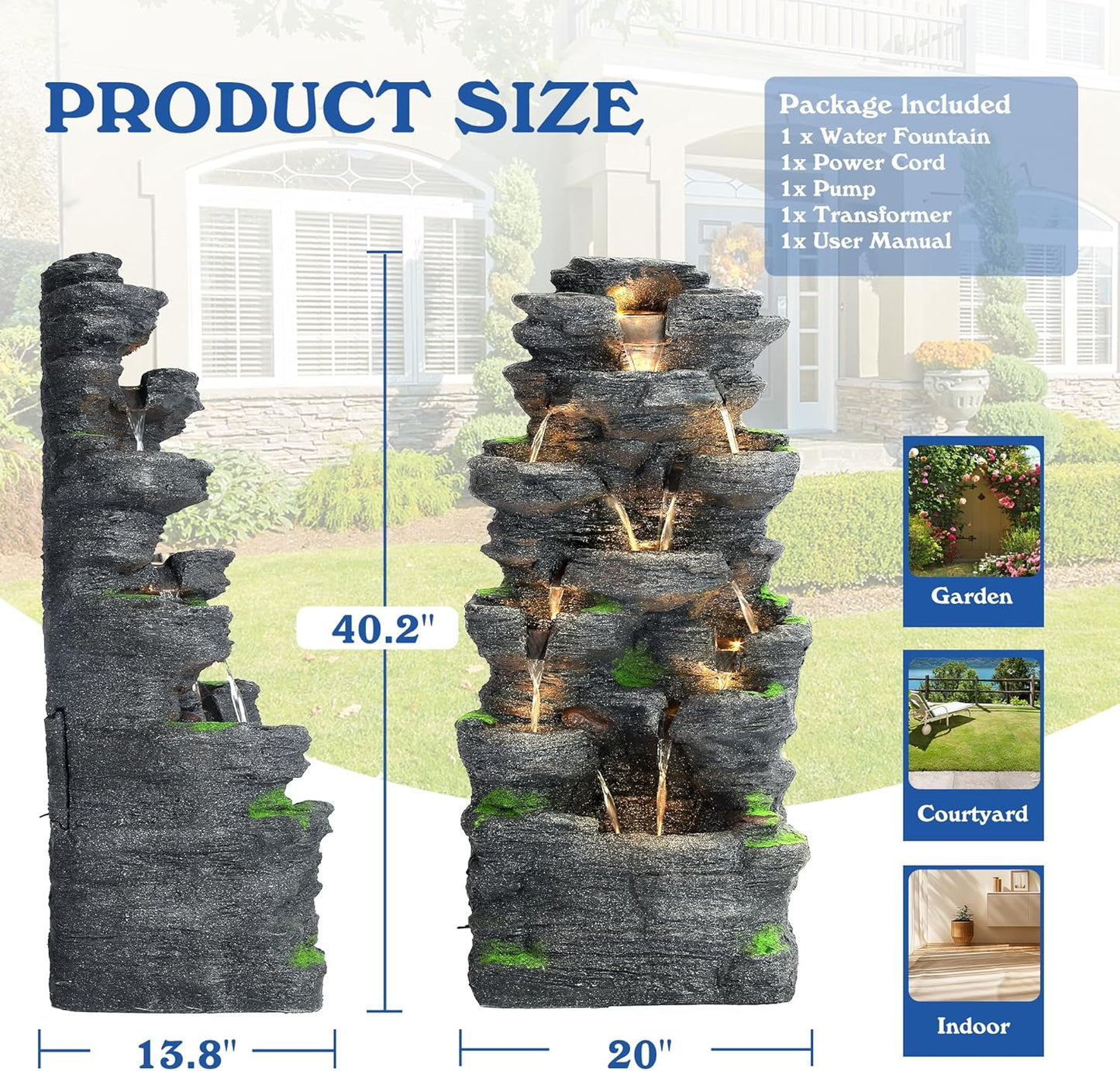 TITIMO 10-Tier Cascading Rock Water Fountain Outdoor Garden Waterfall with Lights,Fountain Indoor Decor for Garden, Patio, Backyard, Deck, Porch and Home Art Decor