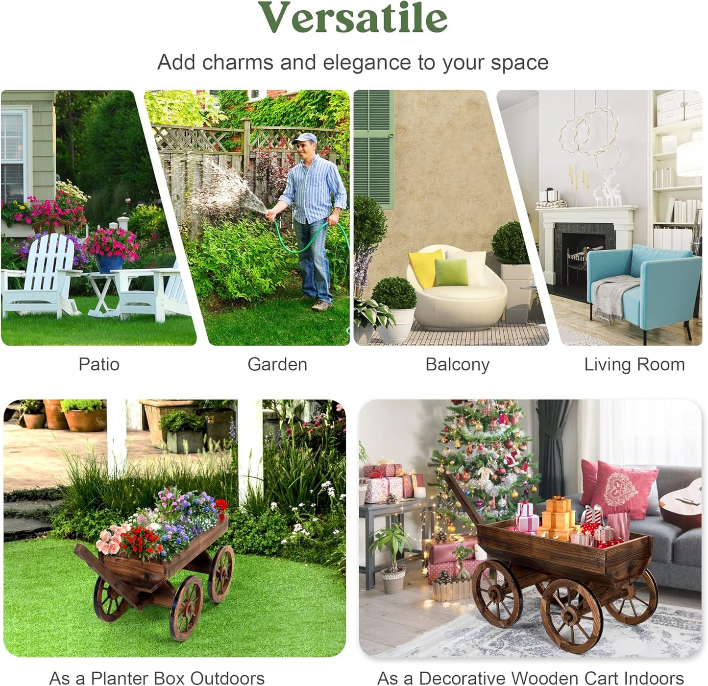 Wood Wagon Planter for Outdoor Balcony Decor - Garden Rustic Wooden Flower Cart with Wheels for Outside Garden Decor Wheelbarrow Planter for Patio