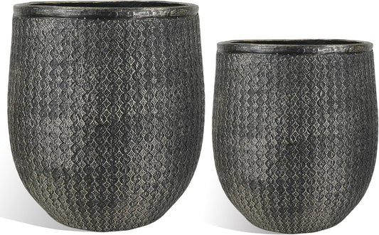 Worth Garden Large Round Planters Set of 2 (14.5"x17.5" & 12" x15“) - Lightweight Magnesium Oxide Cement Plant Pot with Texture - Concrete Look with Drainage Hole – Indoor & Outdoor Use - Black Gold