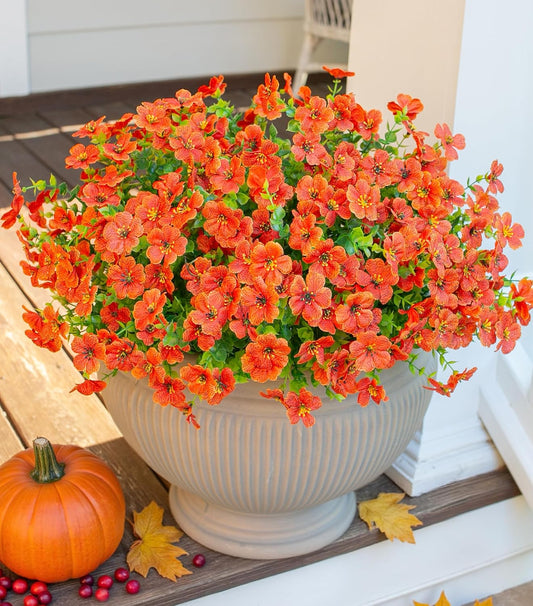 Artificial Flowers for Outdoor Indoor Garden Home Decoration, Faux Flower Daisy with Eucalyptus Leaves Fake Plants Greenery Boxwood Porch Patio, 12 Bundles Orange