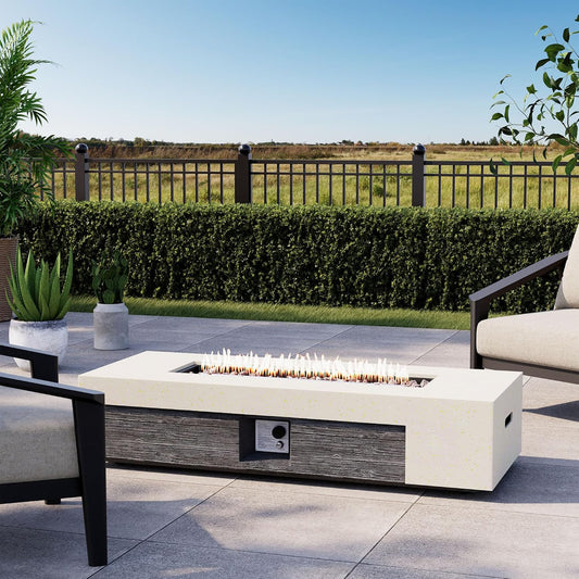 COSIEST 56" Outdoor Propane Fire Pit Table Rectangle Gas Fire Pit Table with Concrete & Wood Grain Design, 50000BTU CSA Certified Electronic Ignition Fire Tables for Patio, Backyard, Garden Heating