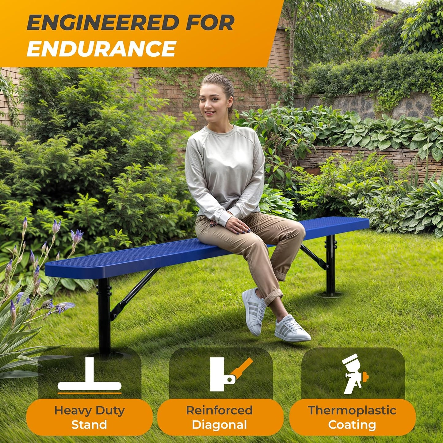 Heavy-Duty Outdoor Metal Bench, Thermoplastic-Coated, Surface, Weatherproof, Commercial-Grade for Parks, Gardens, Patios, Stores & More (8 Ft - Surface, Blue)