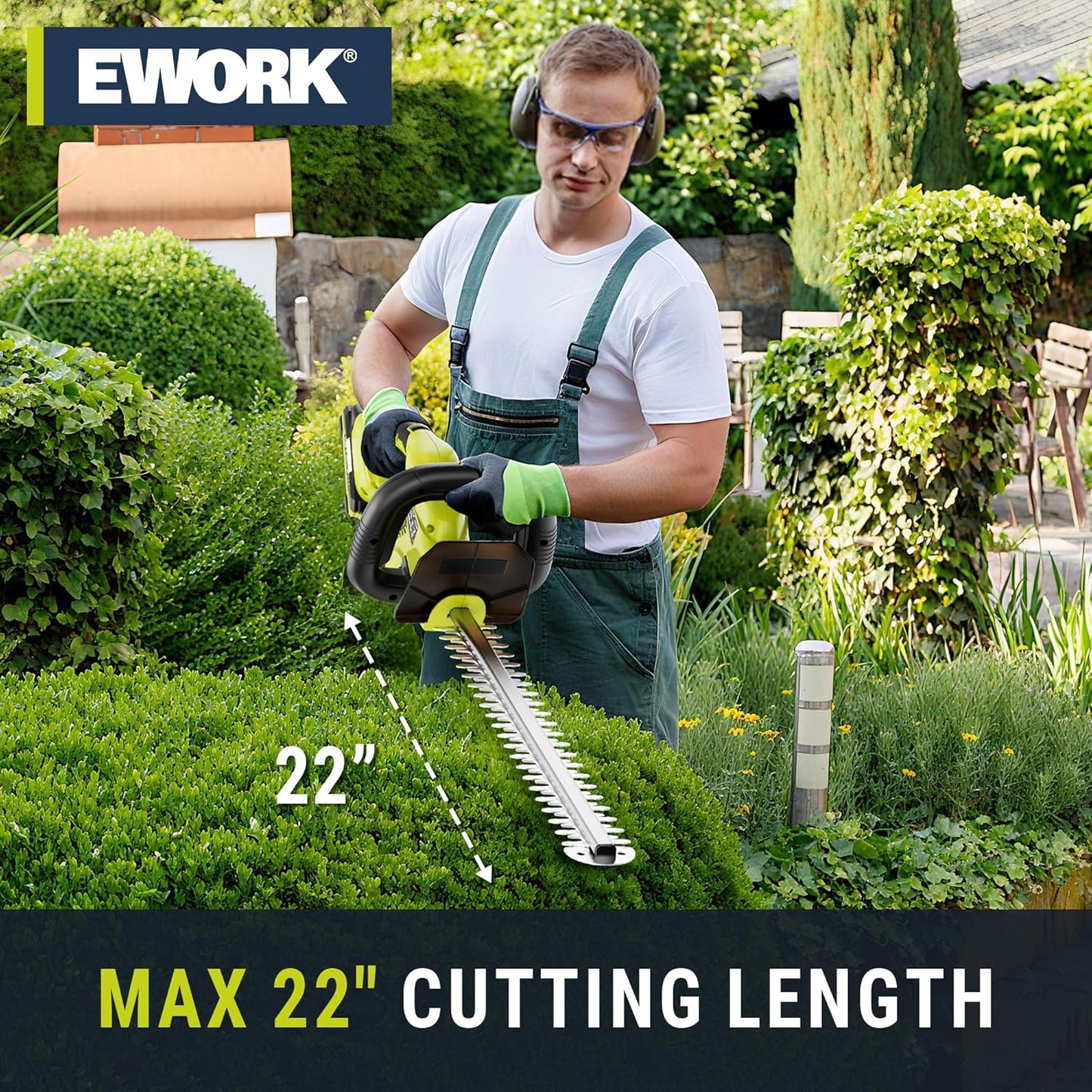 EWORK Hedge Trimmer Cordless 22-Inch Electric Bush Trimmer, 5/8" Cutting Capacity, 20V Battery Powered Lightweight Handheld Shrub Trimmers with Battery and Charger for Garden, Yard