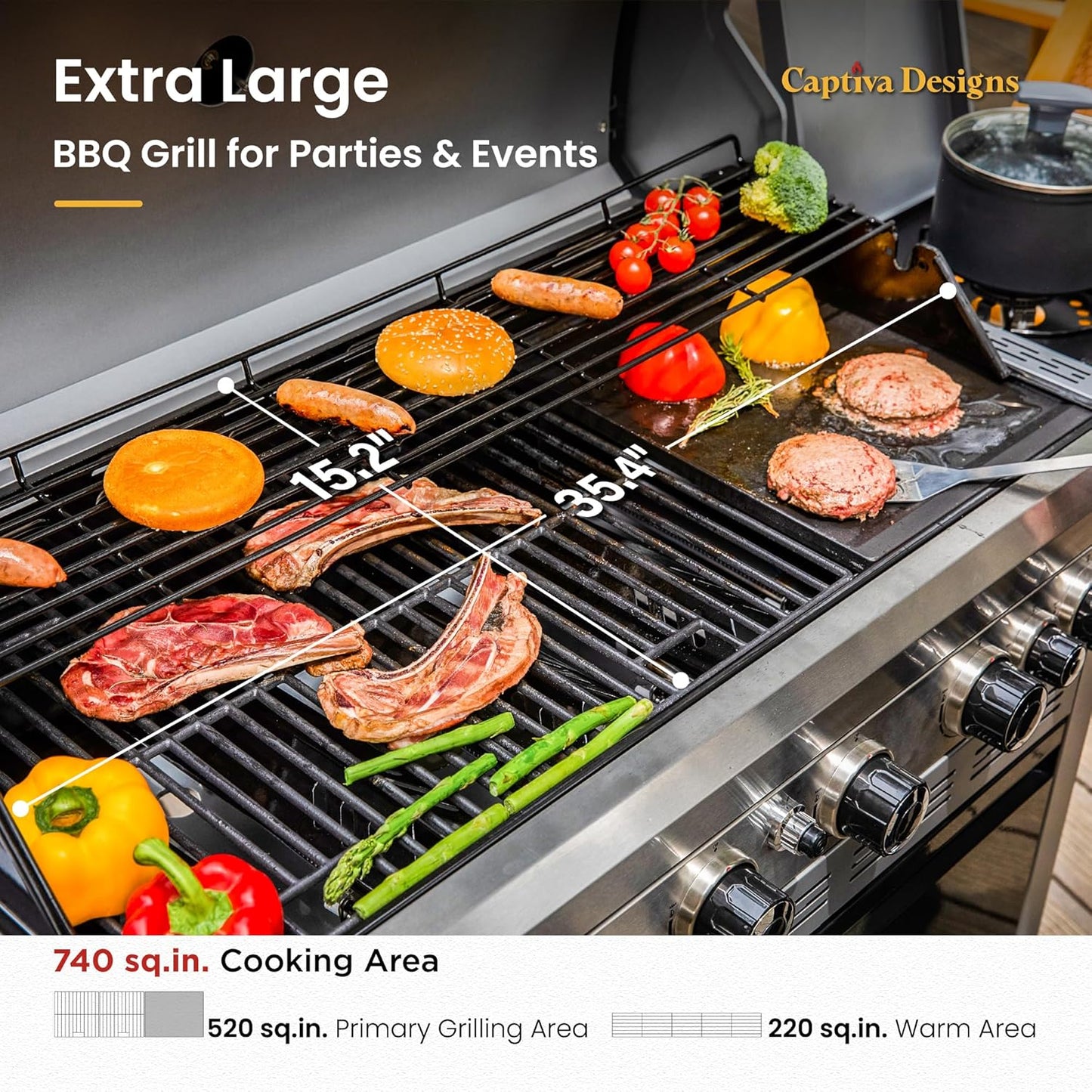 Captiva Designs 6-Burner Propane Gas BBQ Grill with Side Burner & Porcelain-Enameled Cast Iron Grate and Plate for Outdoor Barbucue Events, 52,000 BTU Output,740 SQ.IN. Cooking Area，Heavy Duty