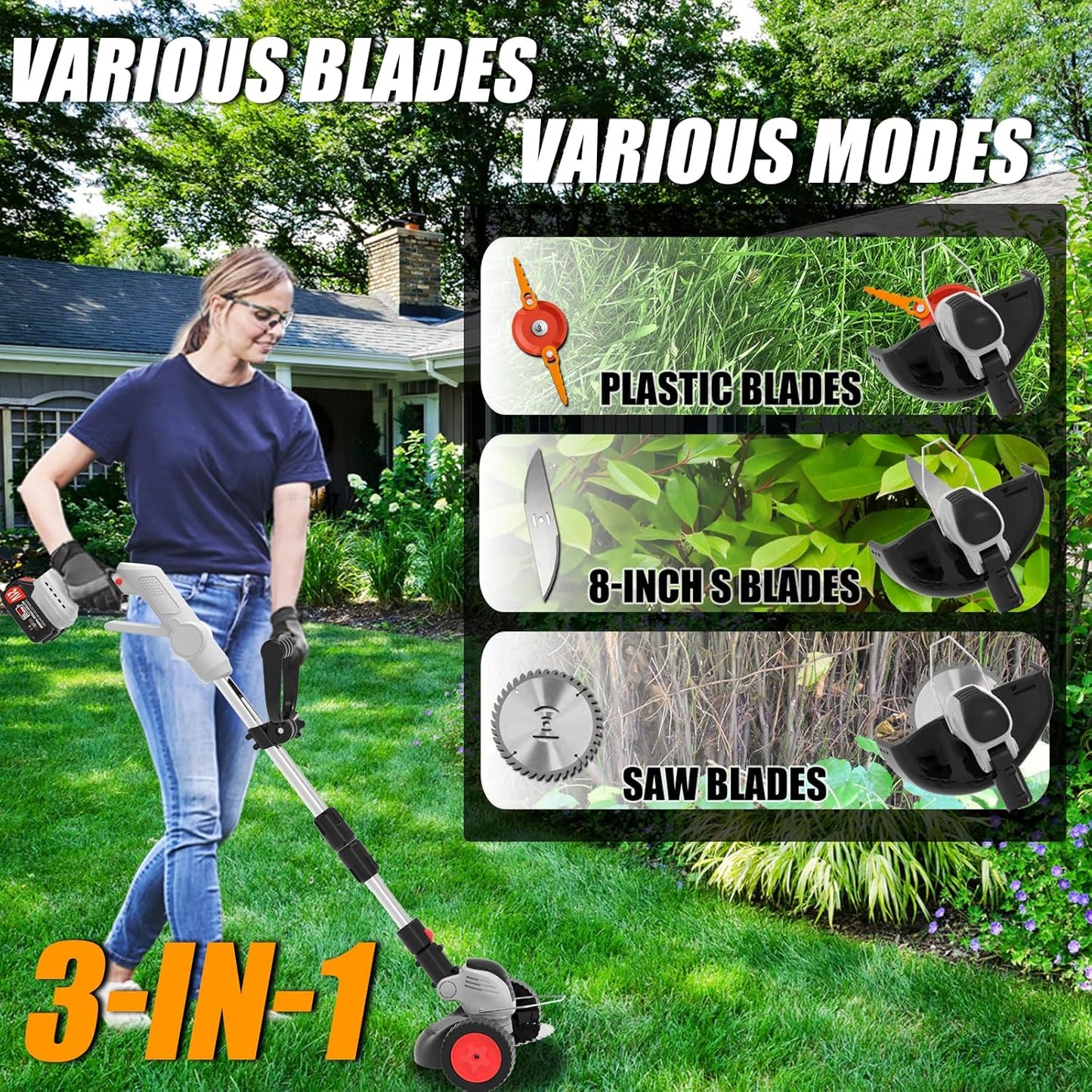 Electric Weed Wacker Eater,3-in-1 Cordless Weed Trimmer with 2 21V/4.0Ah Battery Operated & Fast Charger & 90Min Runtime, 3 Types of Blades for Thick Weeds/Edging/Mowing for Garden Yard -Grey