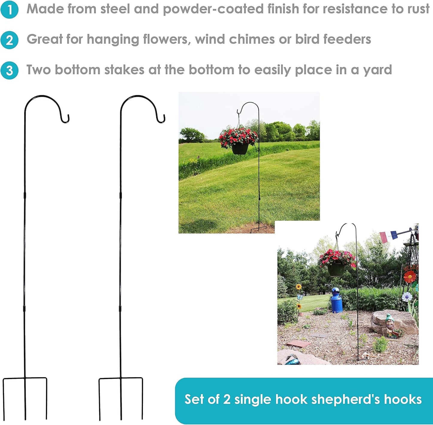 Sunnydaze 82-Inch Outdoor Heavy-Duty Shepherd Hook - Black - Set of 2