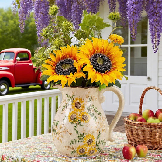 Sunflower Vintage Ceramic Yellow Floral Vase with Handle, Chinoiserie Floral Pitcher Vase, Rustic Ceramic Farmhouse Vases for Home Decor, Living Room, Bookshelf, Office, Grand Millennial Decor 7.9 in