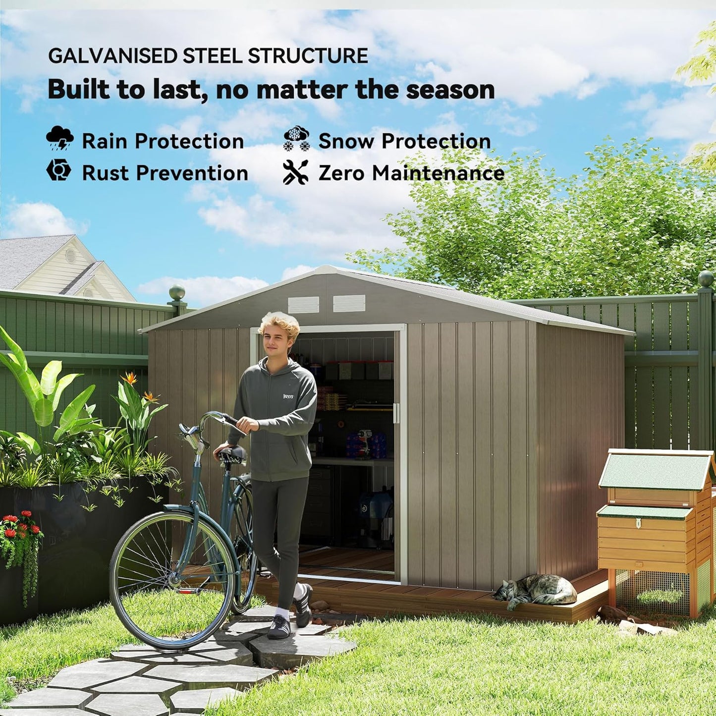 Outsunny 9' x 6' Outdoor Storage Shed, Garden Tool Metal Shed with Foundation Kit, Double Lockable Door, Air Vents and Sloping Roof, for Backyard, Patio, Lawn, Light Brown