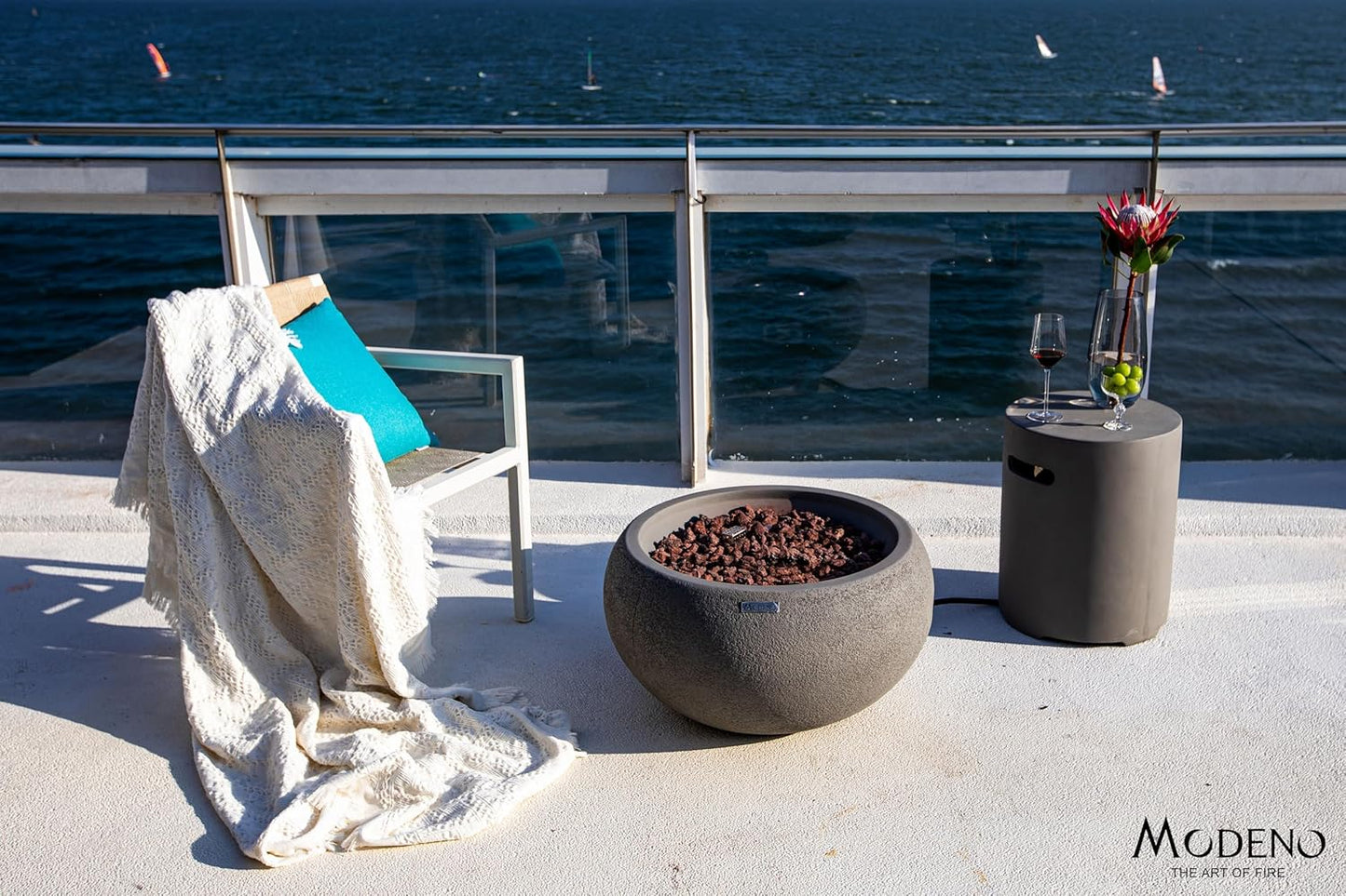 AMS Fireplace | Modeno Newbridge Package | Light Gray Natural Gas Fire Pit Table for Outside Patio Bundle with SS Burner Lid | Free Ice Bucket