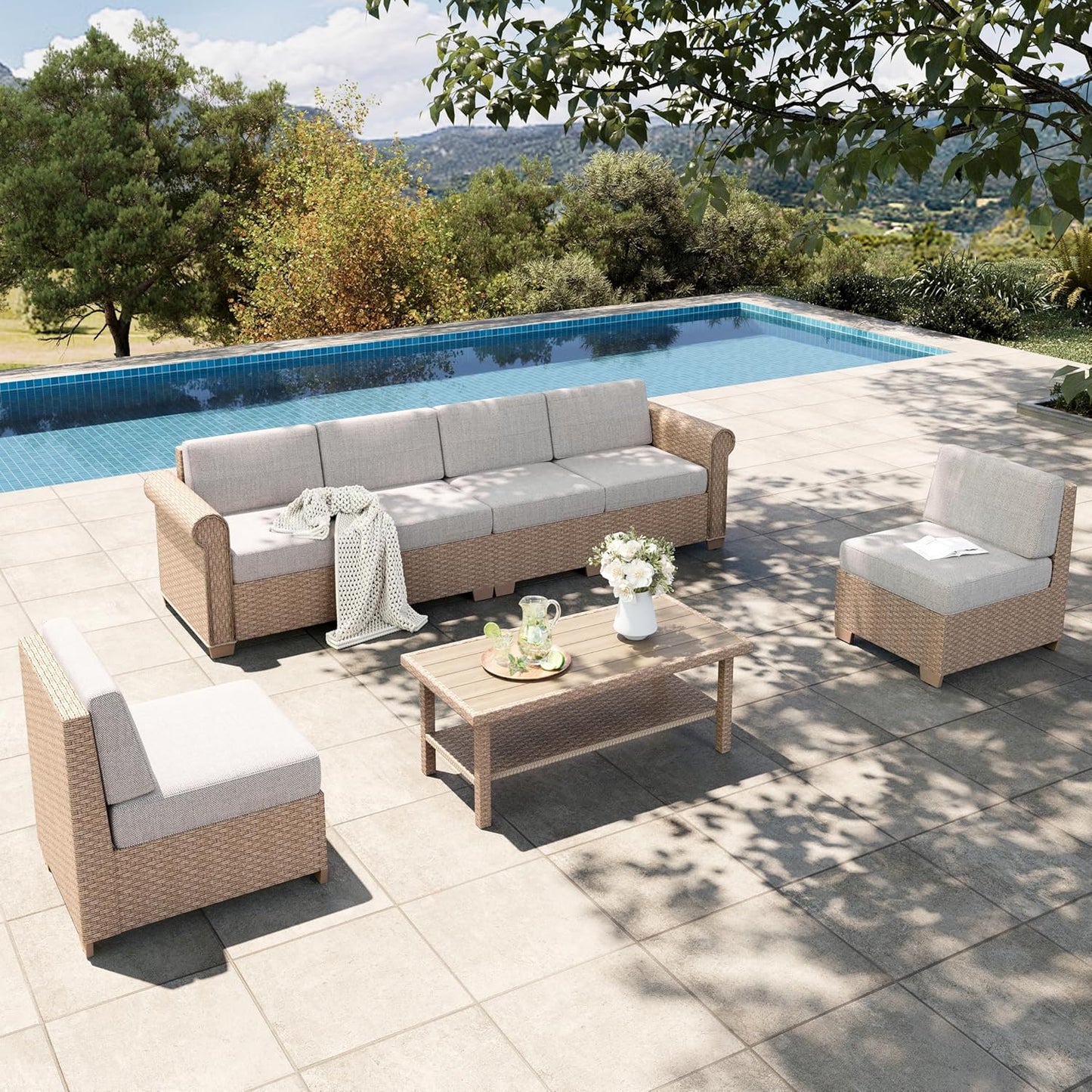 HERA'S HOUSE Patio Furniture Set, All Weather 6 Seats Outdoor Sectional Wicker Sofa with 44" Coffee Table, 5.5" Thick Waterproof Cushion 7 Pieces Modular Conversation Sofa Set for Garden Deck Backyard