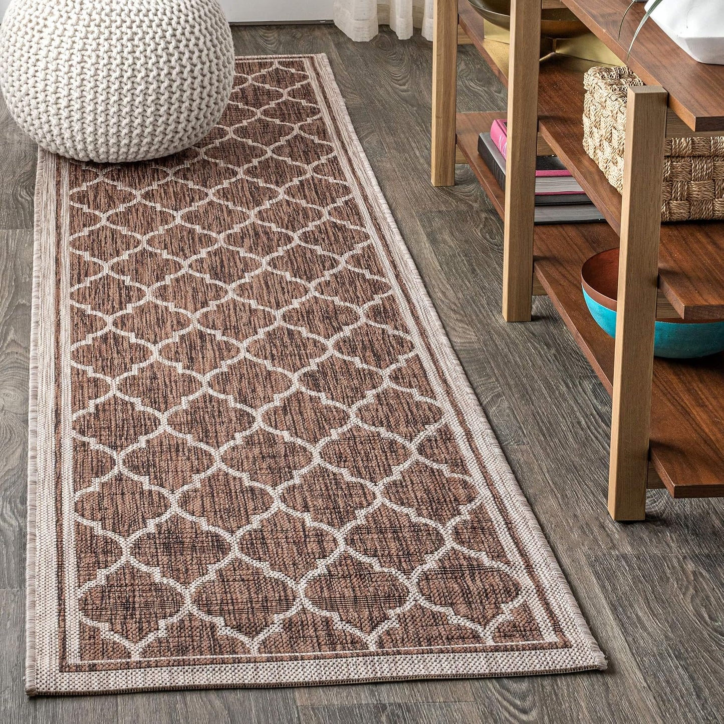 Eyely BMS109B-214 Santa Monica Trebol Moroccan Trellis Textured Weave, Pet Friendly, Non-Shedding, Stain Resistant, Easy-Cleaning, Espresso/Taupe, 2 ft. x 14 ft., Indoor/Outdoor, Runner Rug